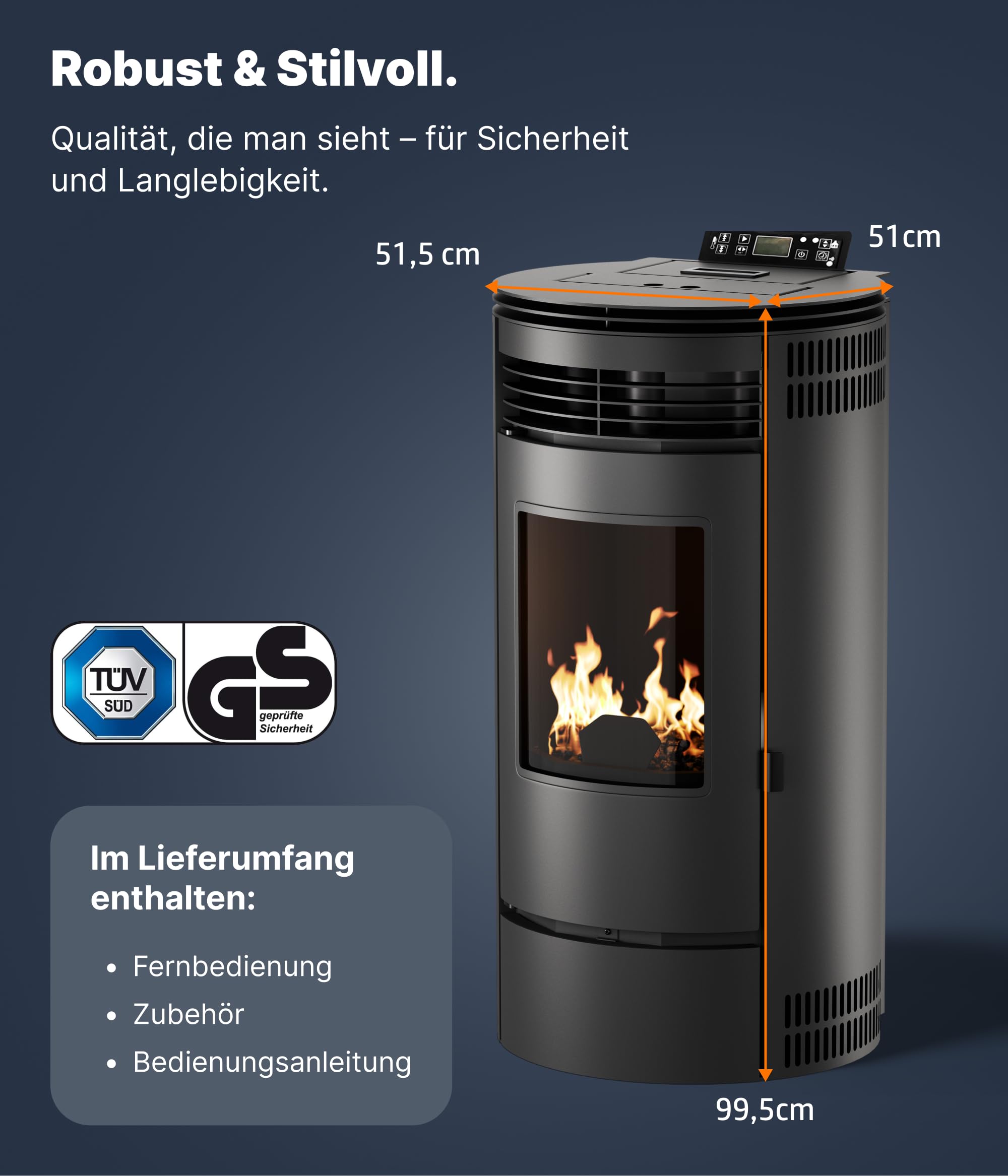 UMBRELLA® PR8 estufa de pellets 8,6 kW A+ hasta 220 m³, limpieza automática, ECO1/ECO2, programa semanal, mando a distancia, Wi-Fi Ready (opcional), protección por vacío y sobrecalentamiento, Negro