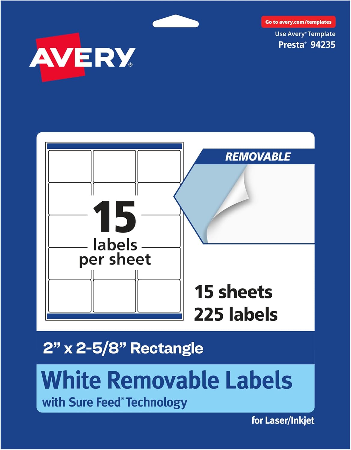 Avery Matte White Removable Rectangle Labels, Sure Feed Technology, 2" x 2-5/8", 750 Removable Labels, Laser/Inkjet Printable