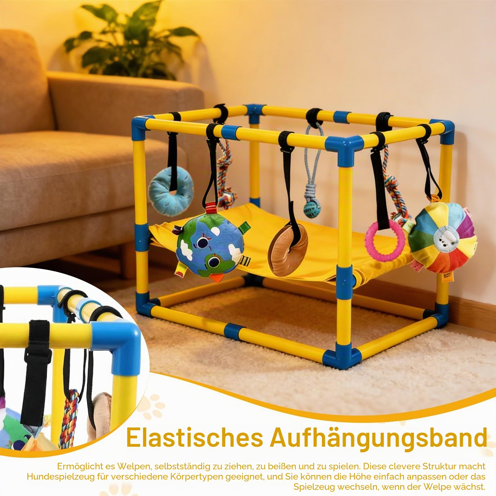 Hundespielzimmer, 60 x 40 x 40 cm Welpenspielstudio mit Hängematte und Hängenden Spielzeugen Welpenspiel-Fitnessstudio mit Intelligenzspielzeug für Hunde zu Förderung von Bewegung Geistiger Auslastung