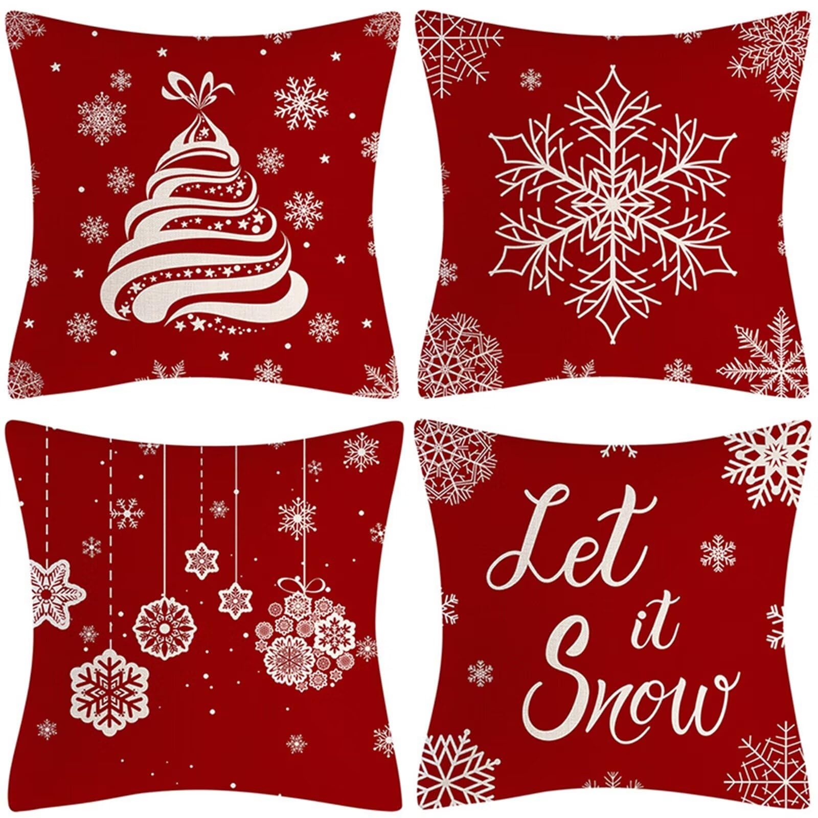 Natale Fodere per Cuscini 60x60cm 4 Pezzi Albero di Natale rosso Cuscini Caso Federa, Copricuscini Natalizi, Invernale Natalizie Divano Decorativi di Natale per Divano Soggiorno Auto Natalizie Decor