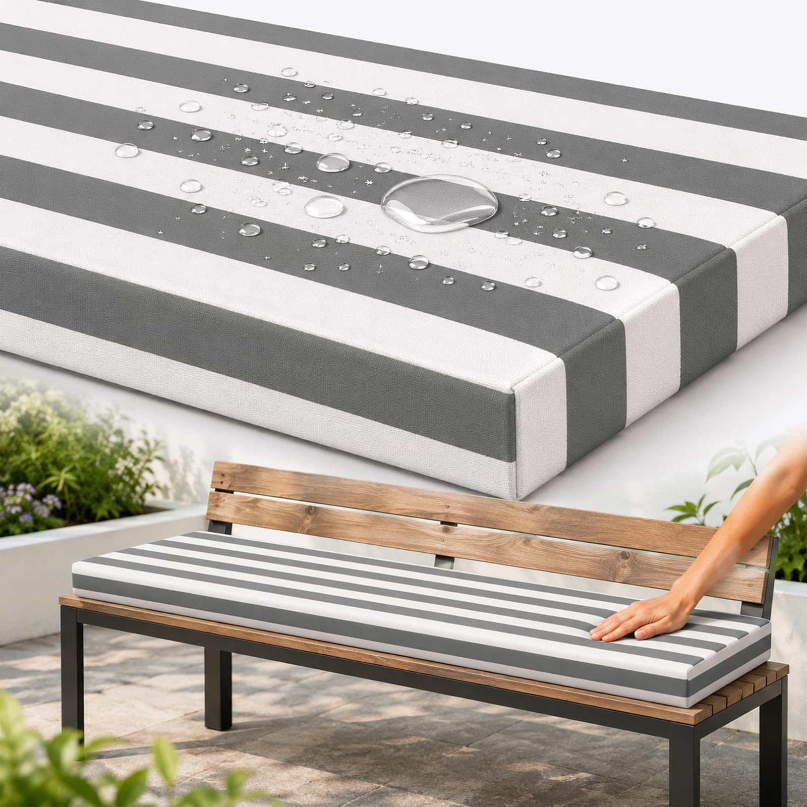 AZMAHT Bench Cushion Outdoor, Garden Bench Cushion with Waterproof Polyester Cover, 50D Foam, Non-Slip Base, 2 Ties, Removable Zip Cover for Patio, Bay Window, Garden Swing,Gray Stripes,180x50x5cm