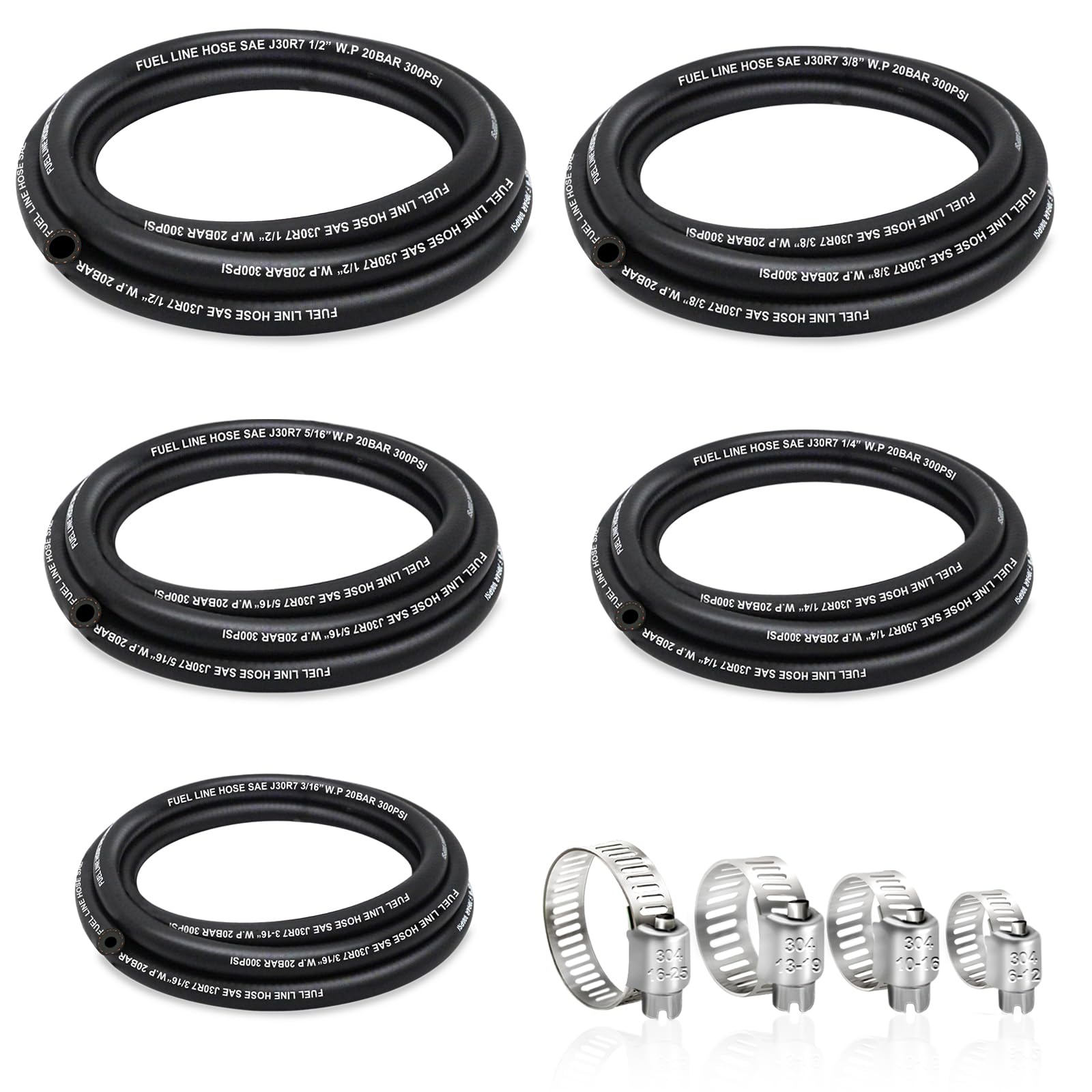 Fuel Line 3/16 1/4 5/16 3/8 1/2 Inch ID, Fuel Hose 5FT 300PSI High-Pressure with 20 Clamps., J30R7 Fuel Line Hose NBR.