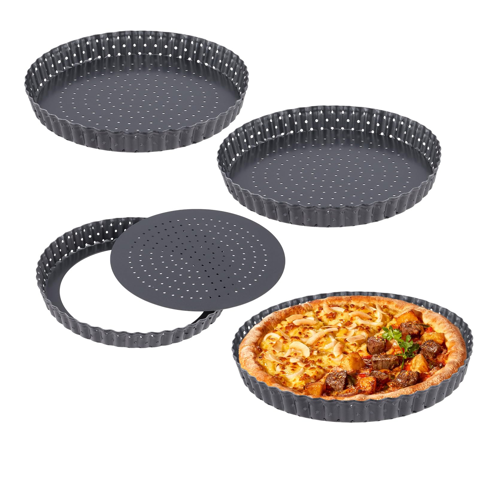 JEUIHAU 4 Pack 20 CM Perforated Quiche Tins, Non-Stick Quiche Tin with Loose Base, Carbon Steel Round Fluted Tart Tin for Baking Pizza, Quiches, Cheesecakes