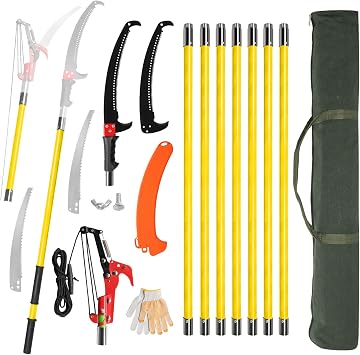 24ft Lightweight Tree Trimmers Long Handle Pruner Set,Manual Pole Saws,Sharp Steel Blade and Scissors Pole Saw,Gardening Tools Pruner Set,with Carry Bag,for Pruning Palms Trees and Shrubs Yellow