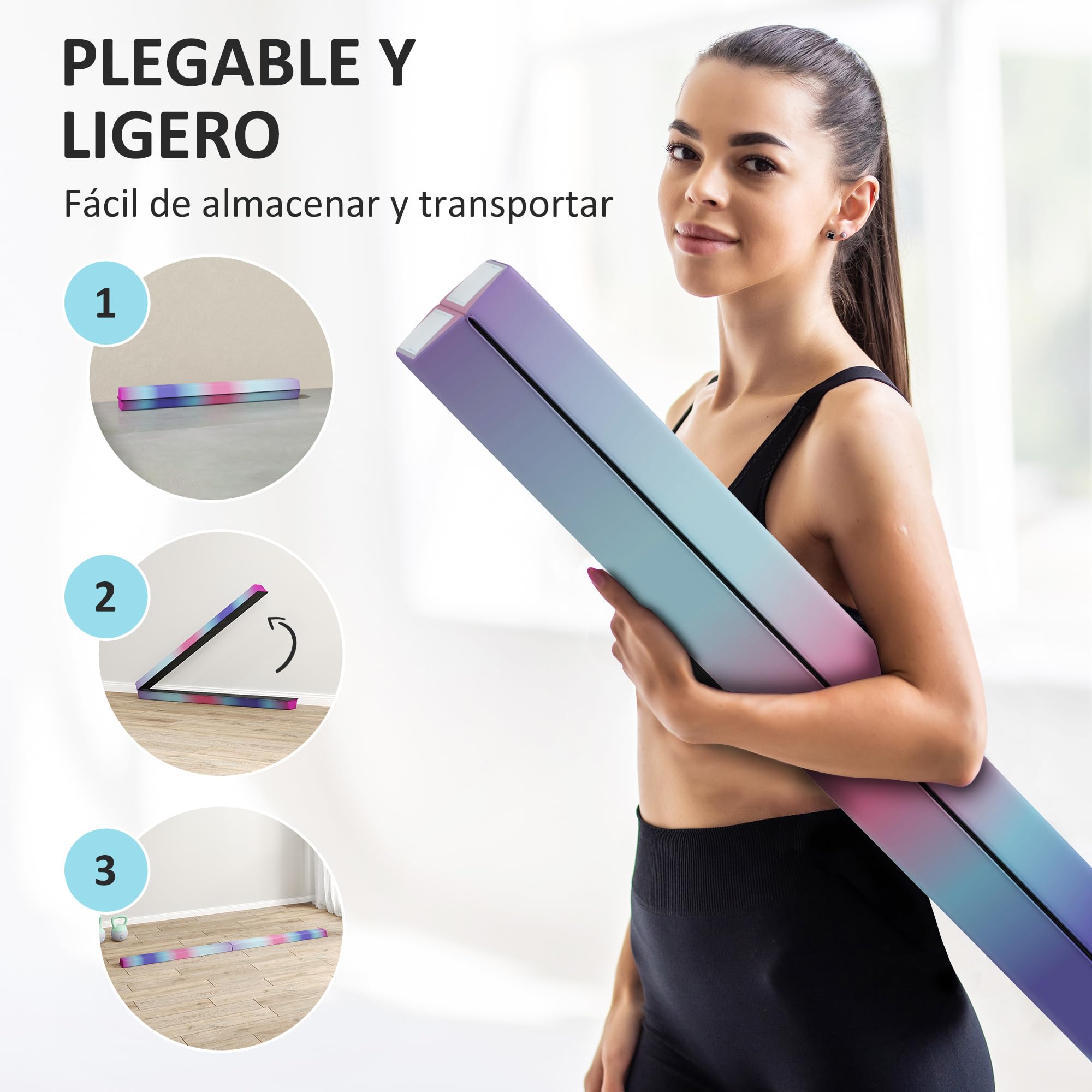 SPORTNOW Barra de Equilibrio Gimnasia Plegable 236 cm, Barra de Gimnasia Artística con Base Antideslizante, Viga de Equilibrio para Niños, Principiantes, Gimnastas Profesionales, Entrenamiento en Casa