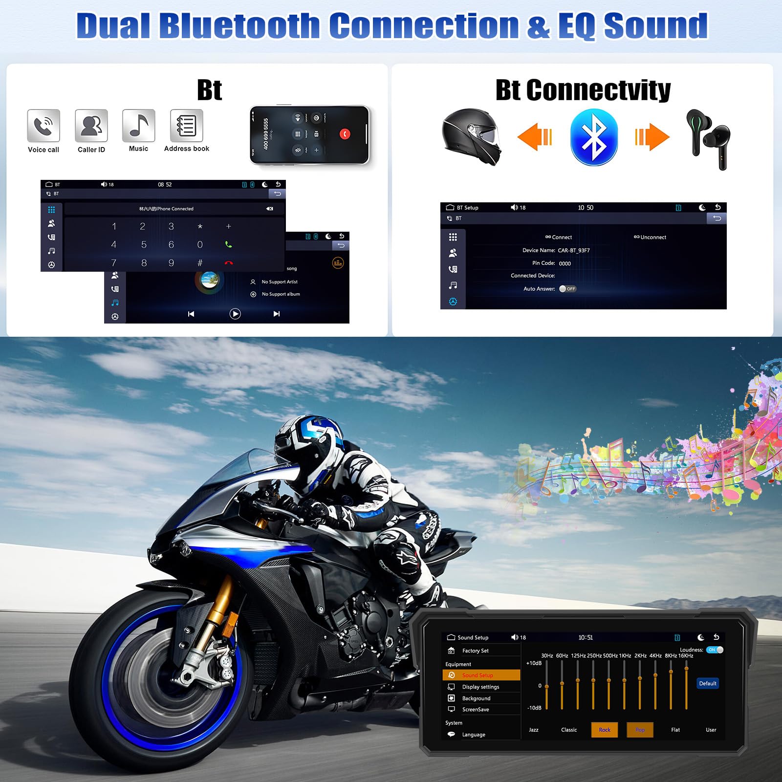[2025] CAMECHO Senza Fili Carplay 8.1 Pollice Moto Schermata con Android Auto IP68 impermeabile, Touchscreen Navigatore con Bluetooth Airplay Android Cast EQ Suono Ampia Adattabilità +1600 * 600 HD