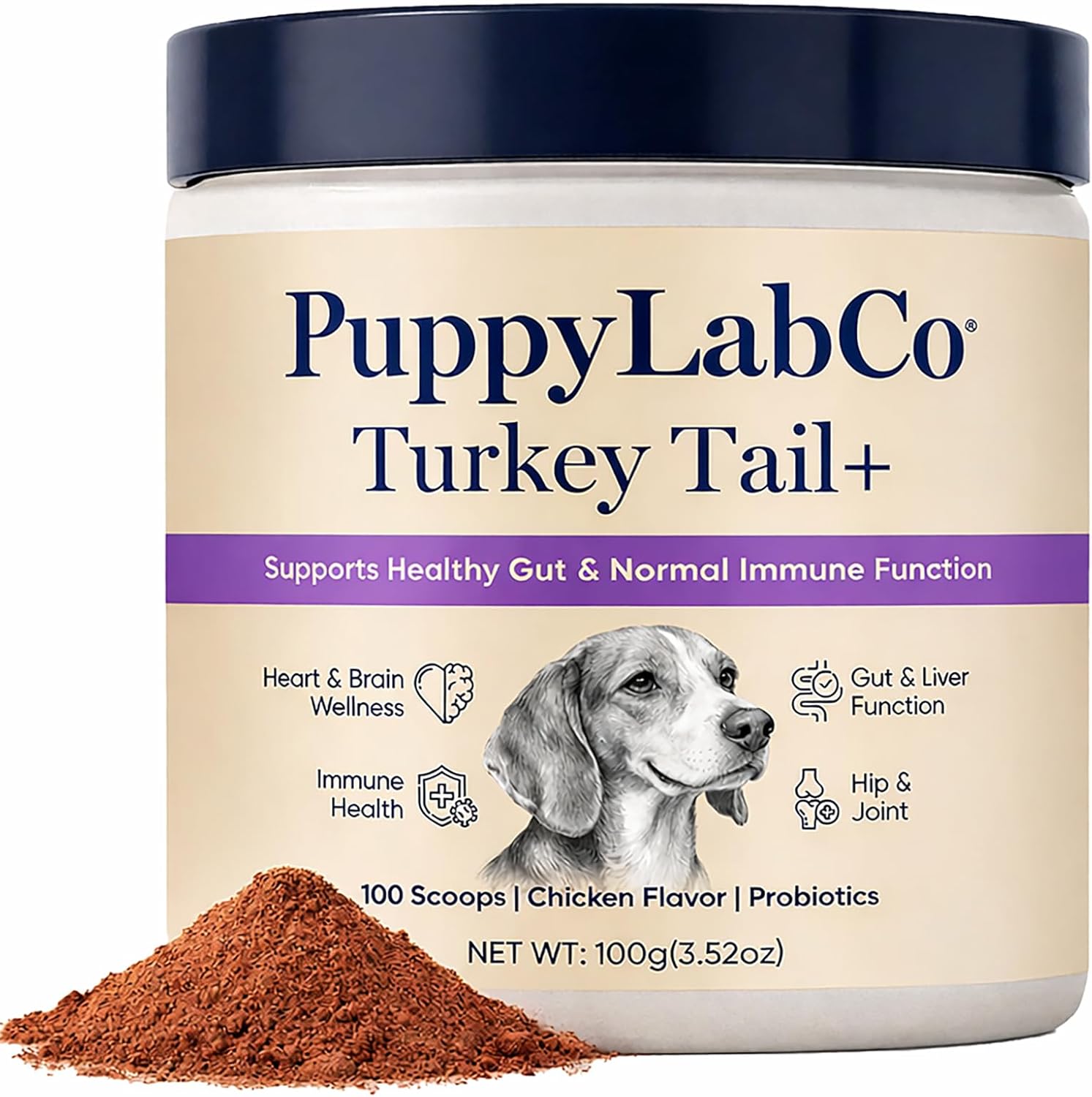 Puppy Lab Co Turkey Tail, PuppyLabCo Turkey Tail Mushroom for Dogs, Turkeytail Mushroom + Probiotics Powder Supplement, Chicken Flavor, Gut & Immune Supports, 100g (1)