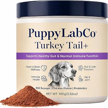 Puppy Lab Co Turkey Tail, PuppyLabCo Turkey Tail Mushroom for Dogs, Turkeytail Mushroom + Probiotics Powder Supplement, Chicken Flavor, Gut & Immune Supports, 100g 1