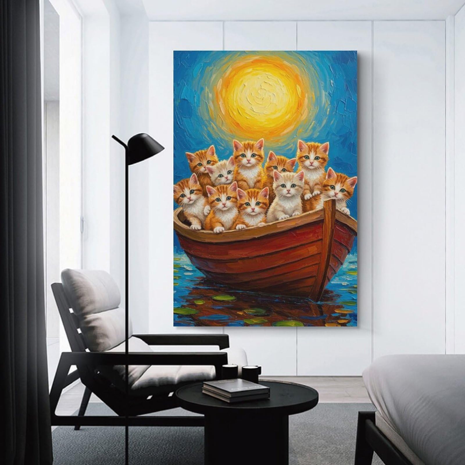 Junmoney Unframe-Style-1 Kittens In A Boat Painting Wall Picture Print, 08X12inch(20X30cm), For New Homes, Bedrooms Or Workspaces, Thoughtful Wall Decor For Art Lovers