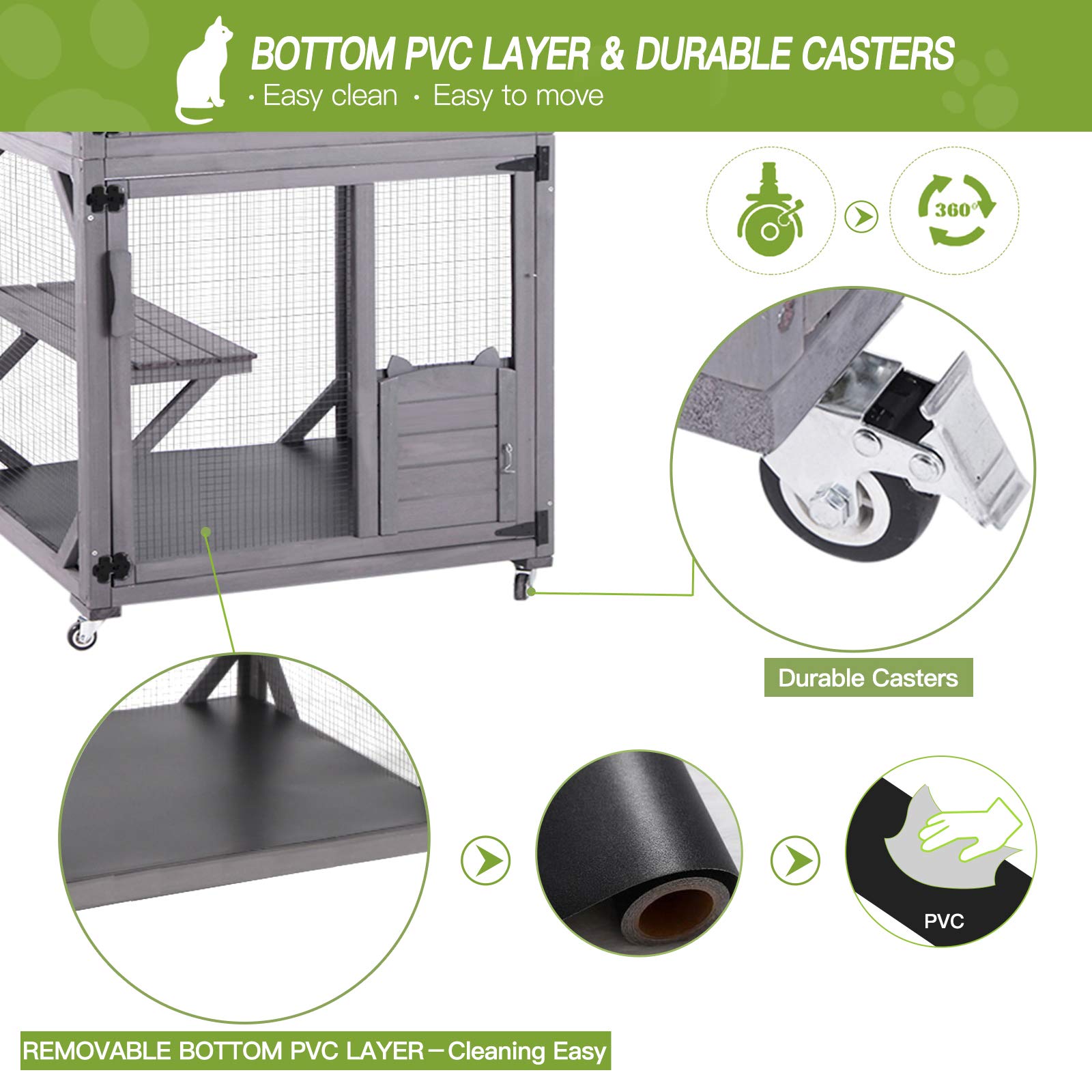 GUTINNEEN Cat House Outdoor Cage Cat Enclosure on Wheels,Large Wooden