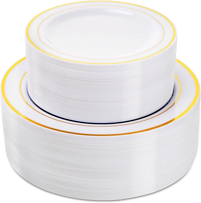Suwimut 100 Pieces Plastic Party Plates White Gold Rim, Disposable
