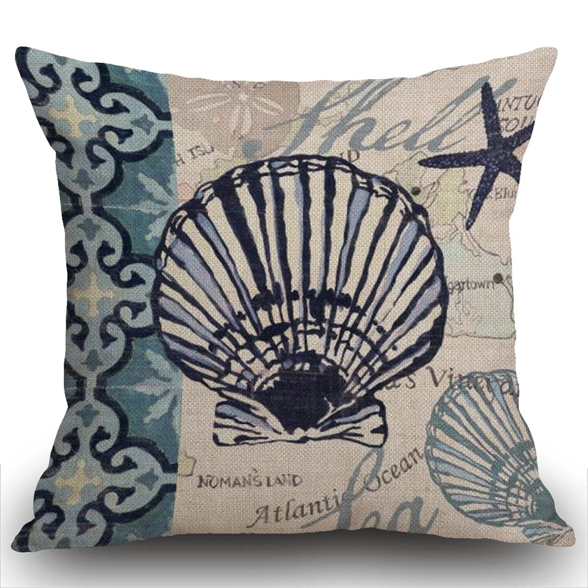 Smooffly Scallop Cushion Cover Starfish Seashell Decorative Ocean Throw Pillow Cover Cotton Linen Square Pillow Case Home Decor for Sofa Couch Bedroom 18"X18" Pillowcase 45x45cm