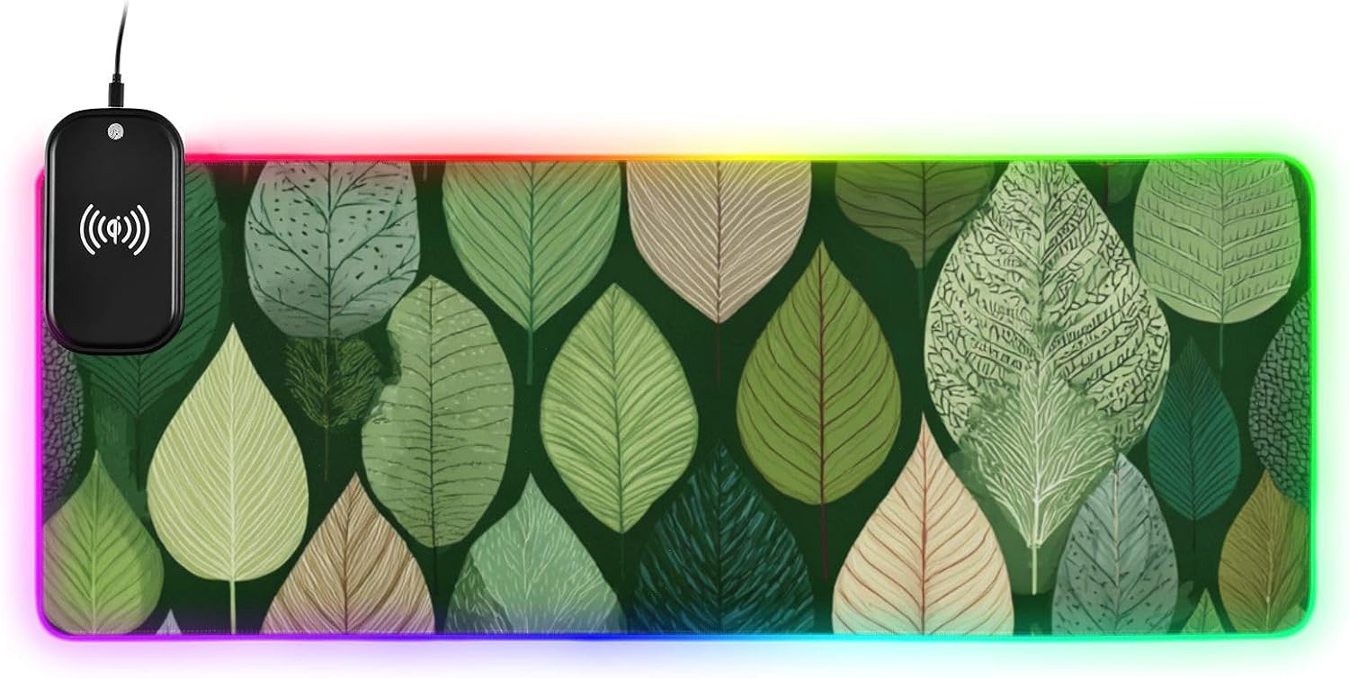 Mouse Pad Wireless Charging RGB Gaming Mouse Pad with 15W Non-Slip 14 Light Modes Extra Large Mousepad Keyboard Mat for PC Laptop Office Green Tree Leaves