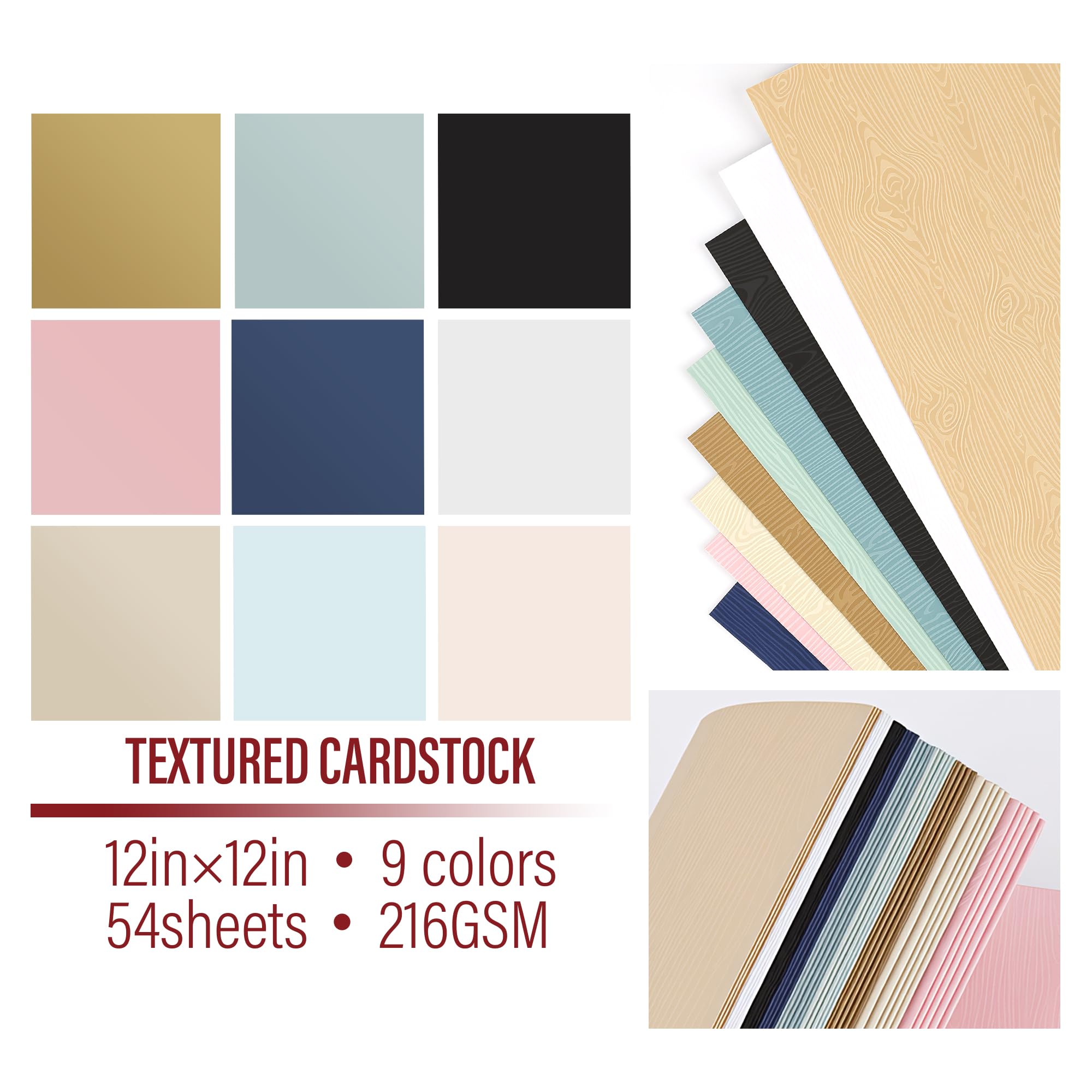 54 feuilles de papier cartonné texturé à grain de bois multicolore, 30,5 x