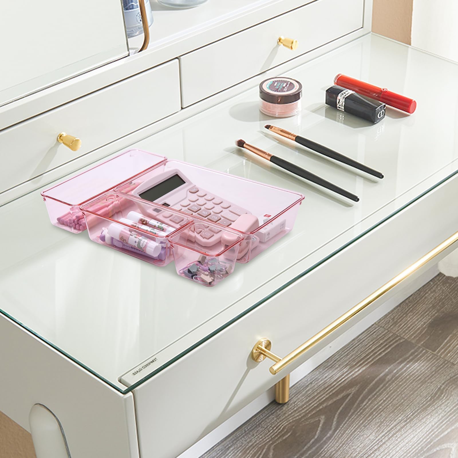 Schubladen Organizer, 25 Stück in 4 Größen, Kunststoff, Schminktisch und Make-up Organizer, Ordnungssystem (Rosa)