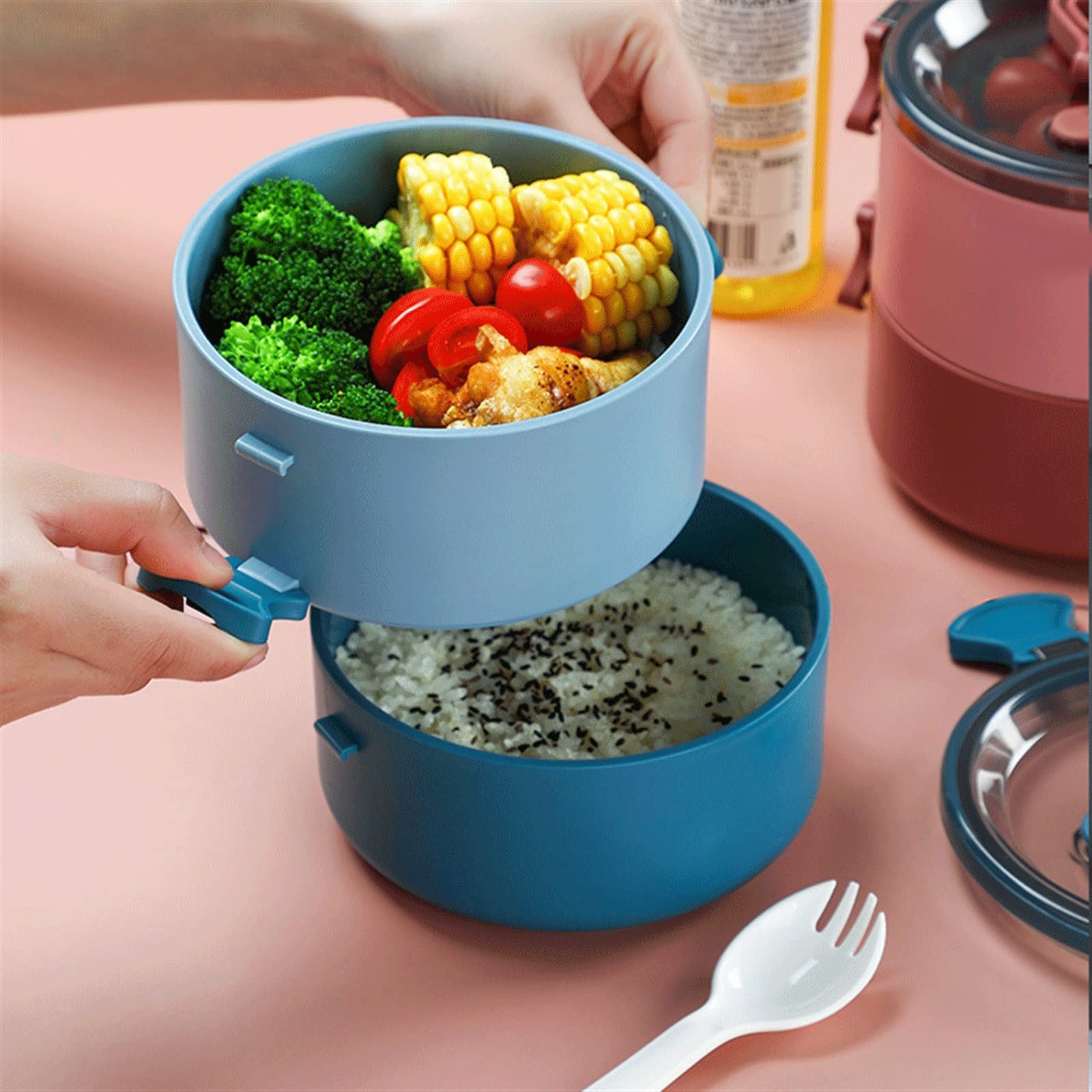 MRKU Fiambrera Bento de plástico de Doble Capa, a Prueba de Fugas, Ideal para el Trabajo o para Estudiantes.