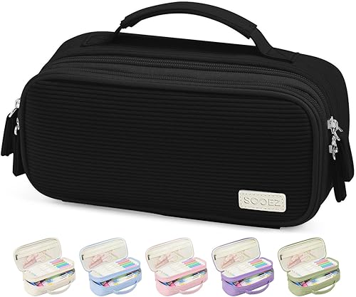 Miniatura 9 de Sooez Estuche grande para lápices, estuche de pana suave con asa, bonito estuche para bolígrafos, 5 compartimentos, organizador de amplia apertura