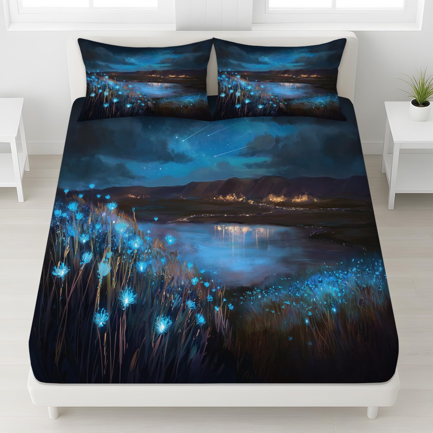 Dreamy Nightscape prześcieradło z gumką, rozmiar podwójny, fantazyjne gwiaździste niebo, jezioro, 30 cm, głębokość, 3 szt., z 2 poszewkami na poduszki, dla dzieci, nastolatków, miękka poszewka na