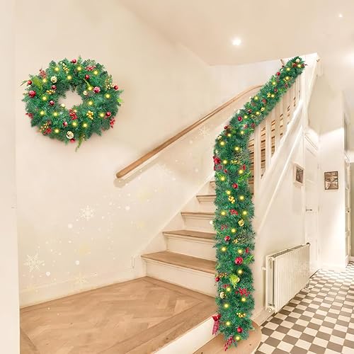 Miniatura 8 de Guirnalda de Navidad de 6 pies con luces, guirnalda iluminada a pilas con conos de pino, ramas exuberantes de bayas rojas, 50 luces LED, 8 modos,