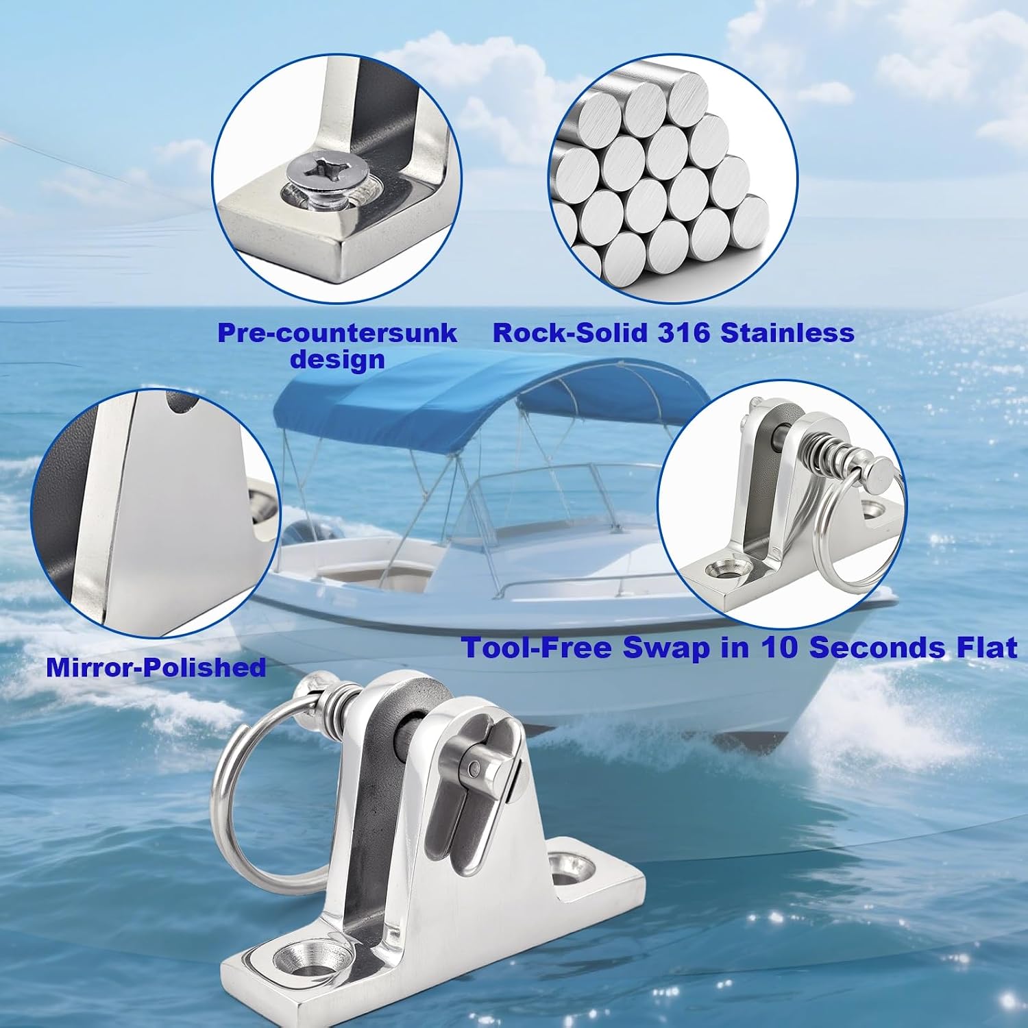 Bimini Top Deck Hinge - 316 Stainless Steel Marine Hardware with Quick-Release Pin & Ring - Easy Install Boat Bimini Top Parts for Pontoon, Fishing & Ski Boats (4 Pack)