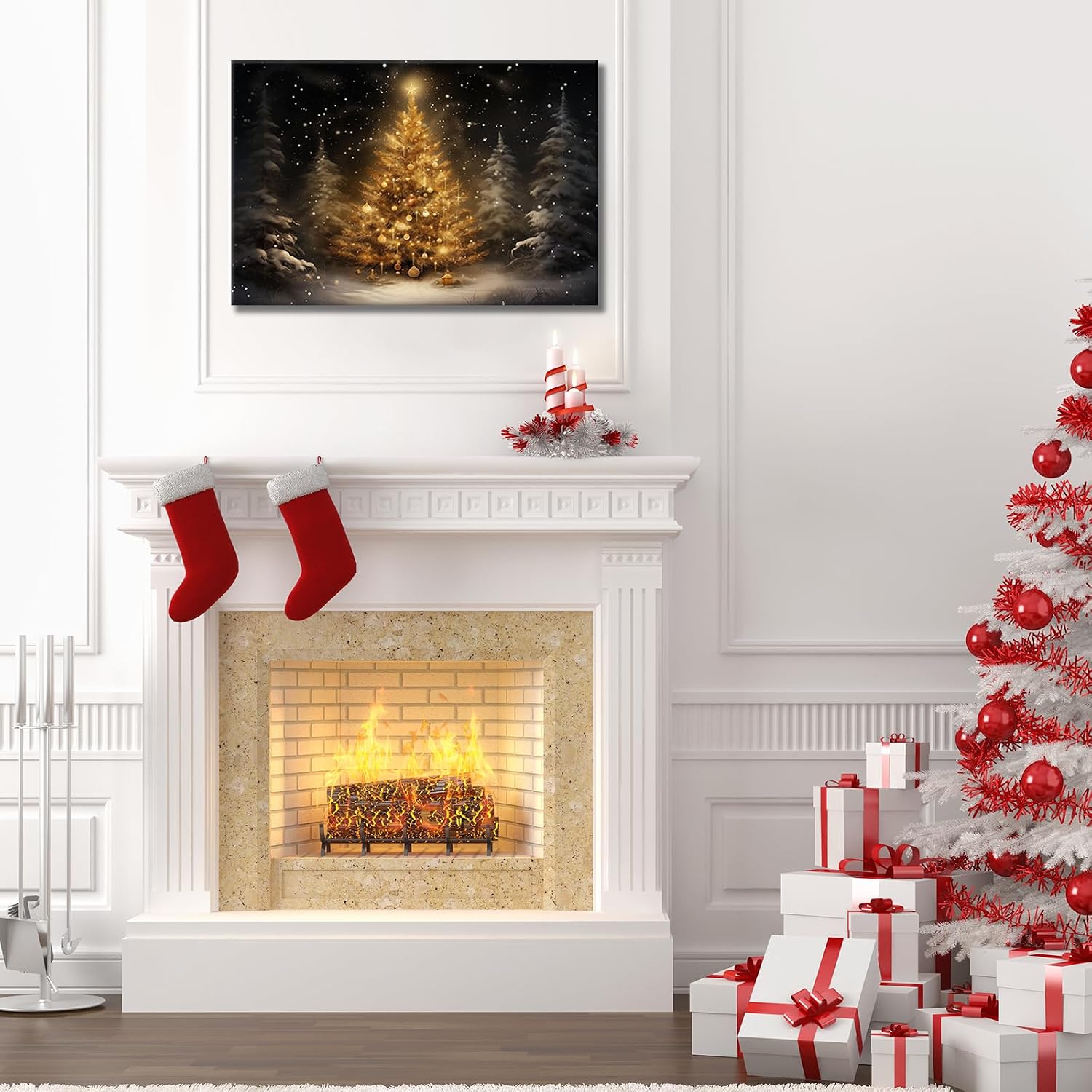 GLOKAKA Christmas Tree Wall Decor Lighted Christmas Tree Canvas Wall Art Snowy Night Winter Christmas Print Picture Poster Artwork for Home Living Room Bedroom Decoration