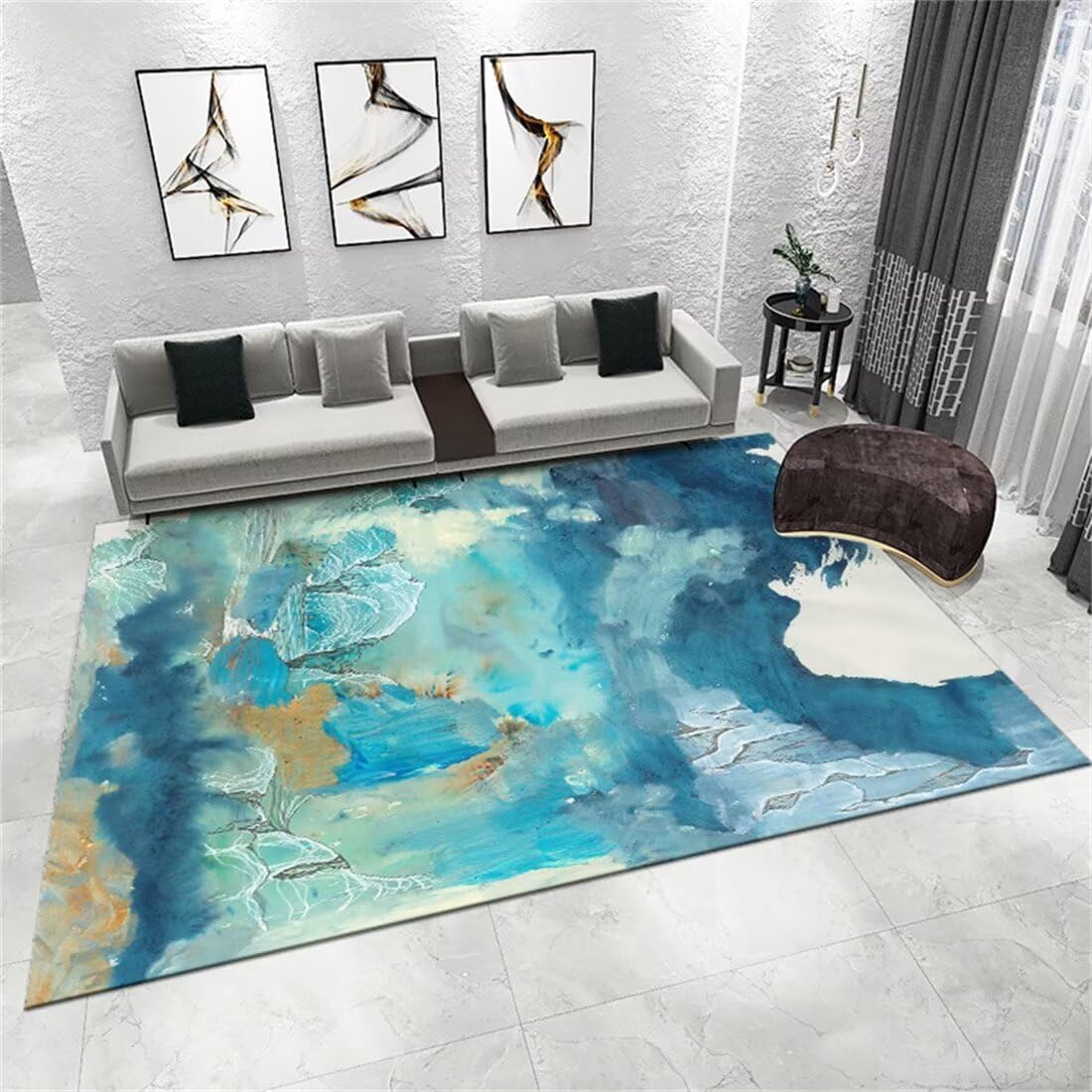 Grand tapis chambre 60x90cm bleu avec motif paysage d'encre pour décoration salon confortable