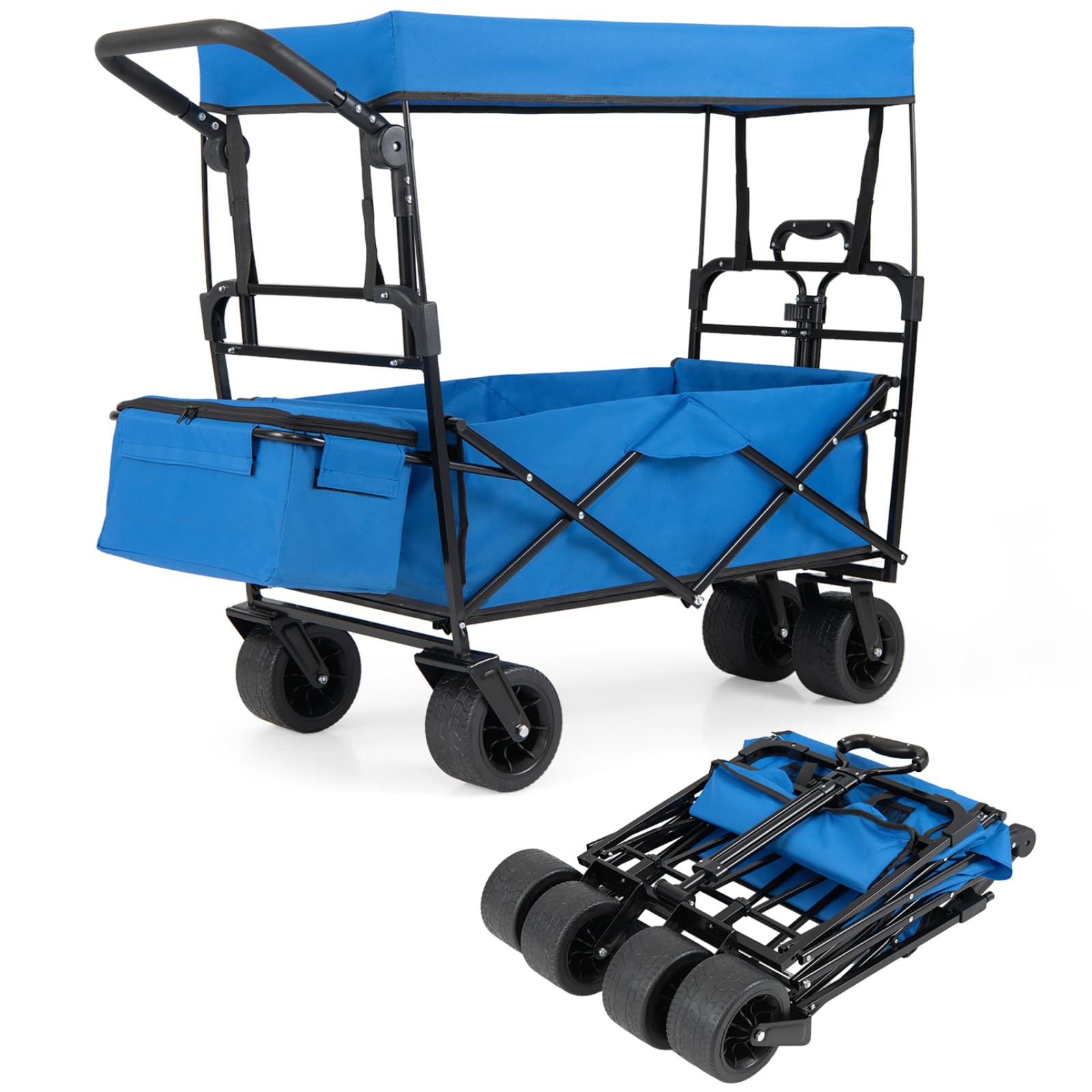TANGZON 100L Festival Trolley on Wheels, 100KG Heavy Duty Camping Trolley with Removable Canopy, Adjustable Handles, Detachable Bag, Push & Pull Beach Cart Garden Folding wagon (Blue)