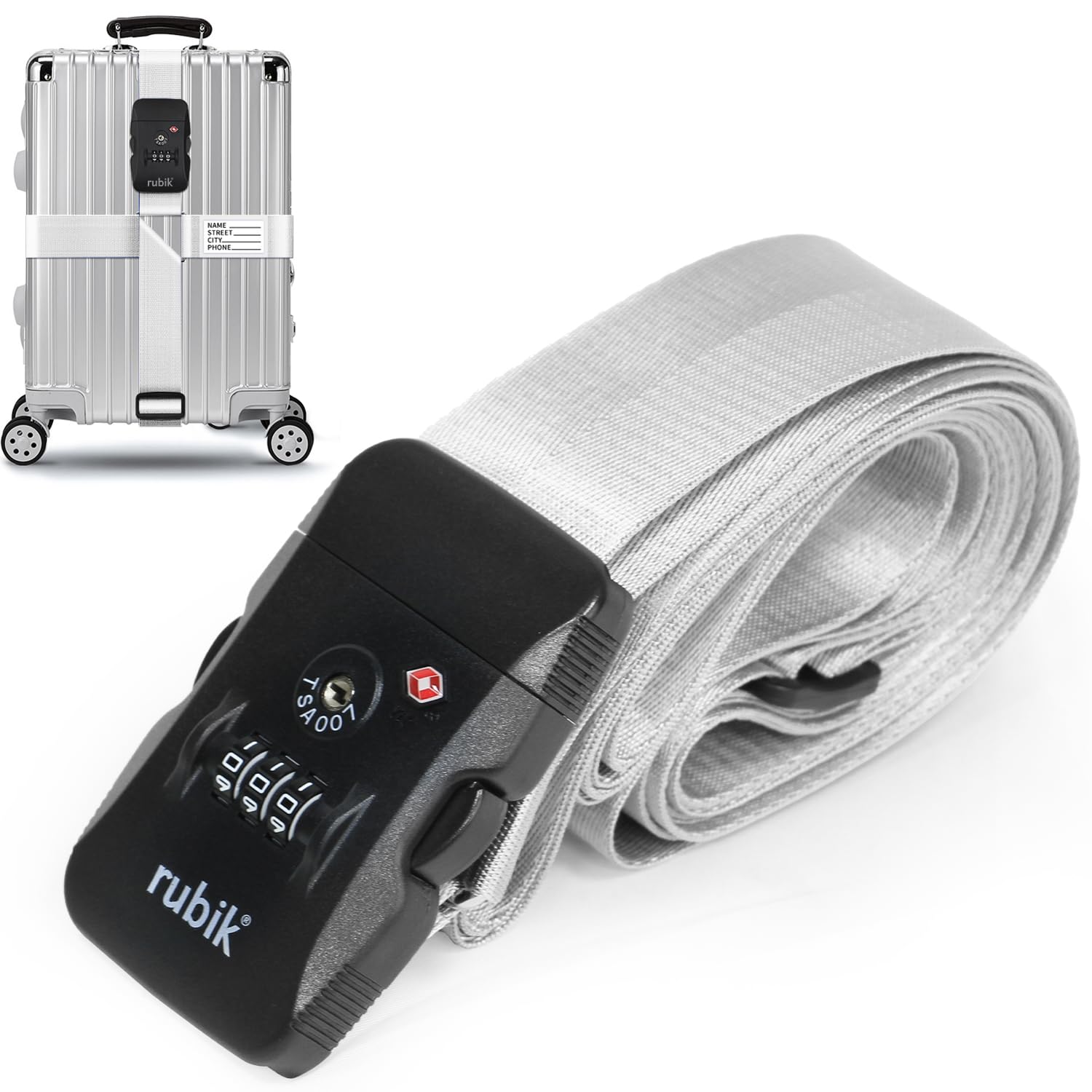 Rubik Luggage Strap with 3 Digits Lock, 160 Inch Premium Adjustable Travel Packing Cross Belt for Bag Baggage Suitcase Safety (Silver)