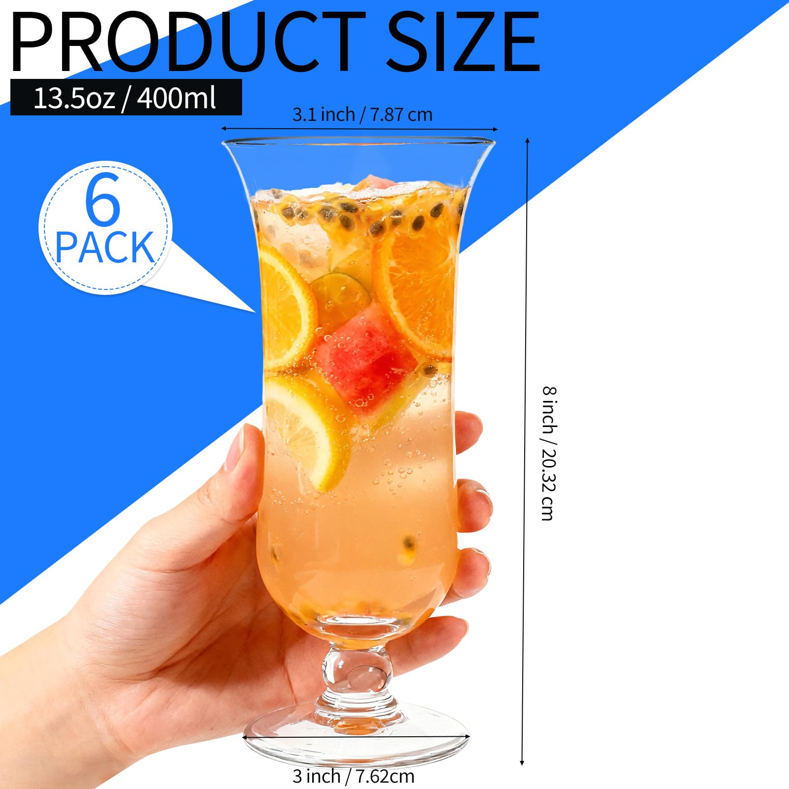 Cheardia 6 Stück Hurricane Glas, 383 ml Kunststoff Pina Colada Gläser Bruchfest Transparent Tulpe Trinkbecher für Säfte, Cocktails, Ganzkörperbier, tropische Getränke, Wasser, Getränke