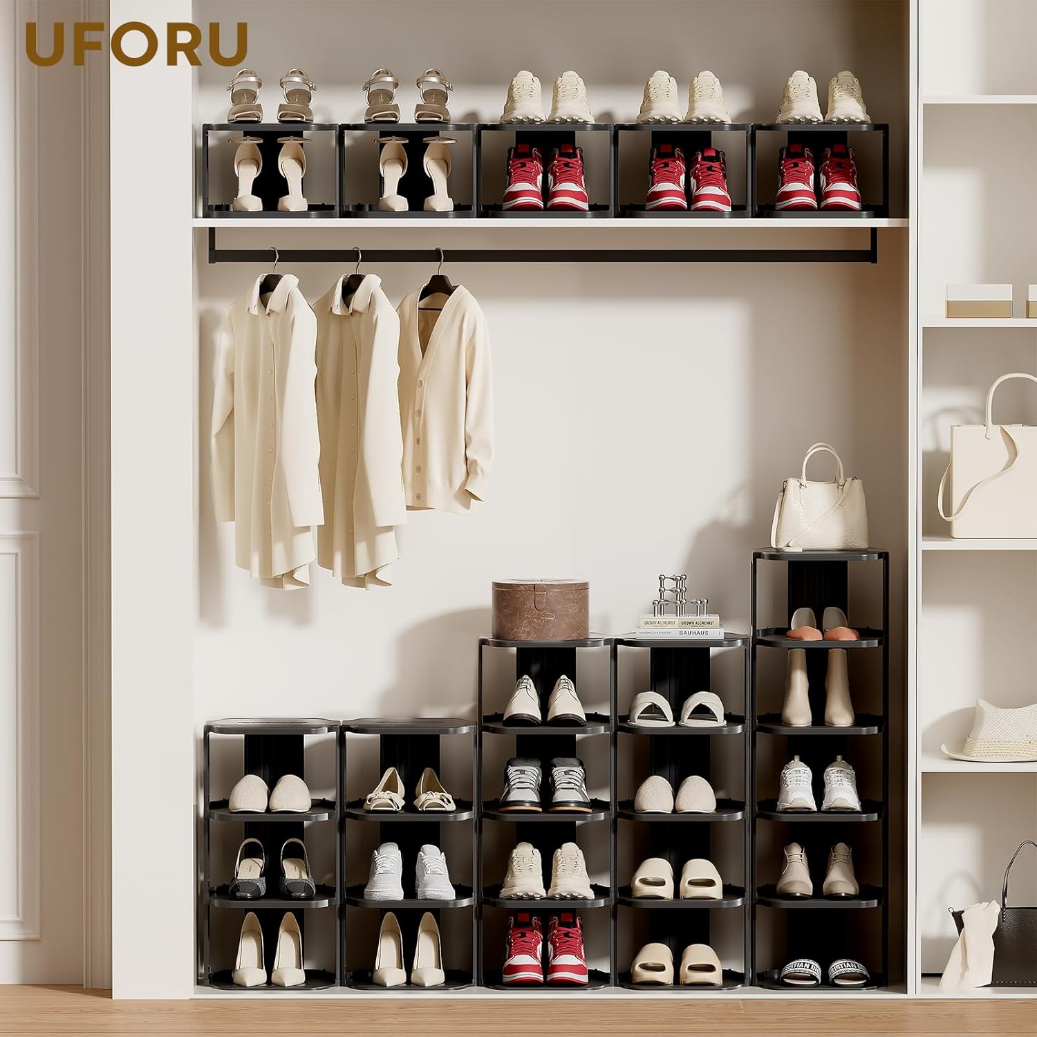 Vertical Shoe Rack, 9-Tier Plastic Stackable Storage Shelf for Small Closets and Narrow Spaces, Compact Free Standing Shoe Racks for Entryway Bedroom Dormitory