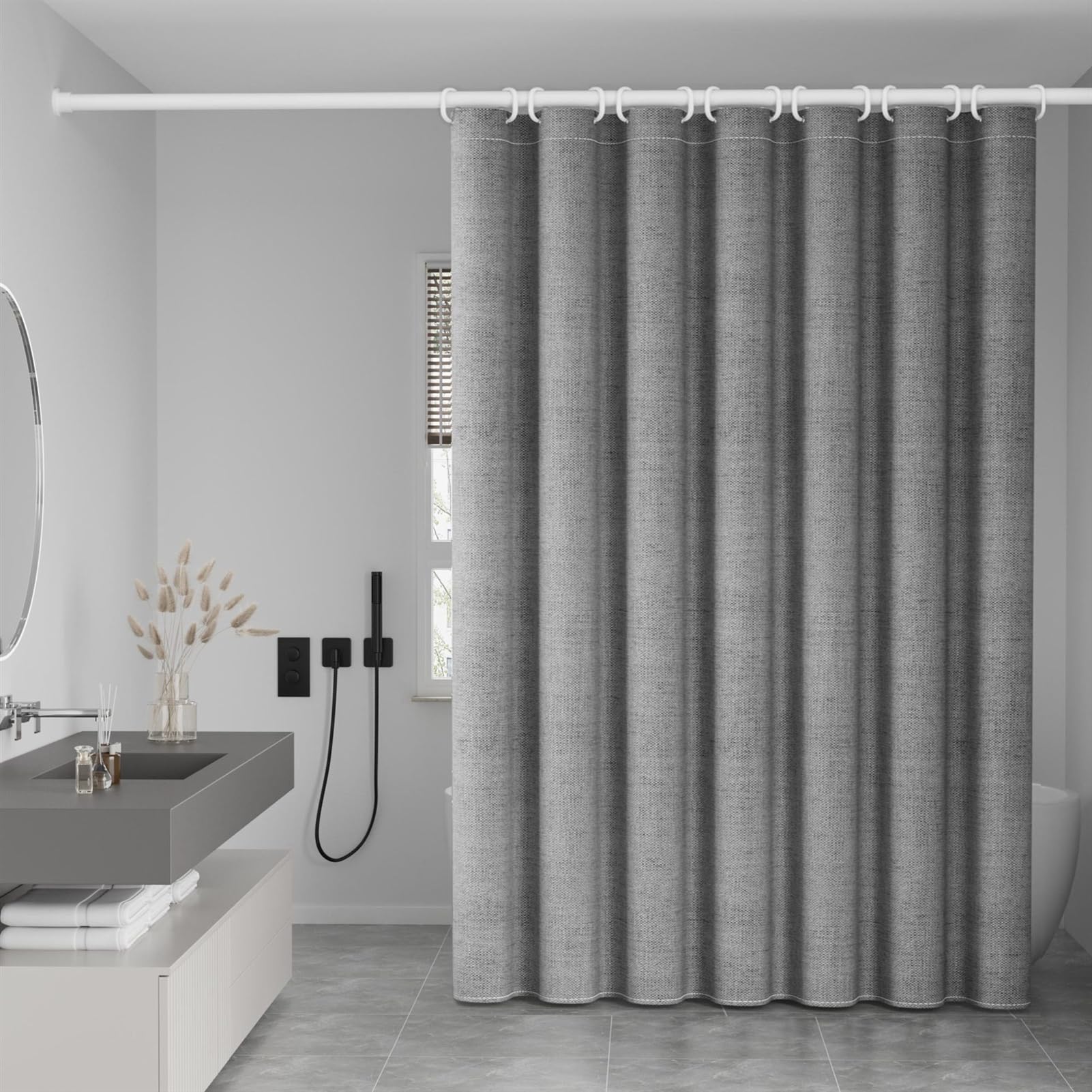 Rideau de douche imperméable anti-moisissure lavable en lin avec crochets - Gris - Parfait pour la décoration de salle de bain et le contrôle de l'humidité - 180 x 180 cm