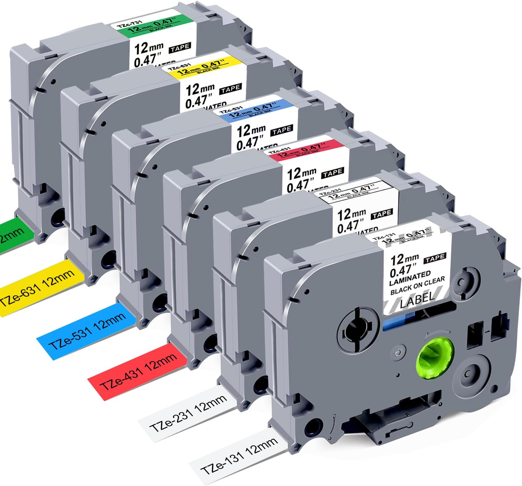 Compatible with Brother Label Printer Tape P Touch TZe 12mm 0.47 Black on Clear/White/Red/Blue/Yellow/Green Label Maker Tape Use for Brother PT-H200, PT-H110 P-Touch Labeller