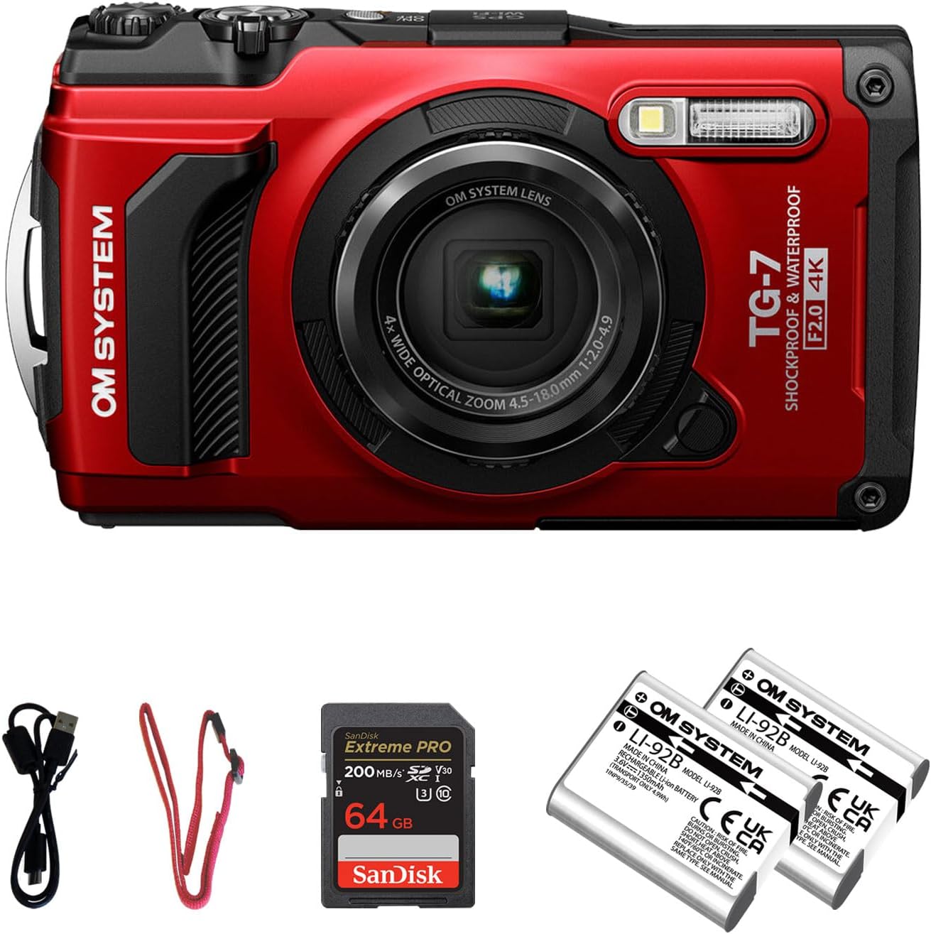 OM System Tough TG-7 Digital Camera - Red | Waterproof 12MP Outdoor Adventure Camera w/ 4K Video, Travel for Hiking, Snorkeling w/Extra Rechargeable Li-ion Battery & 64GB Memory Card Bundle