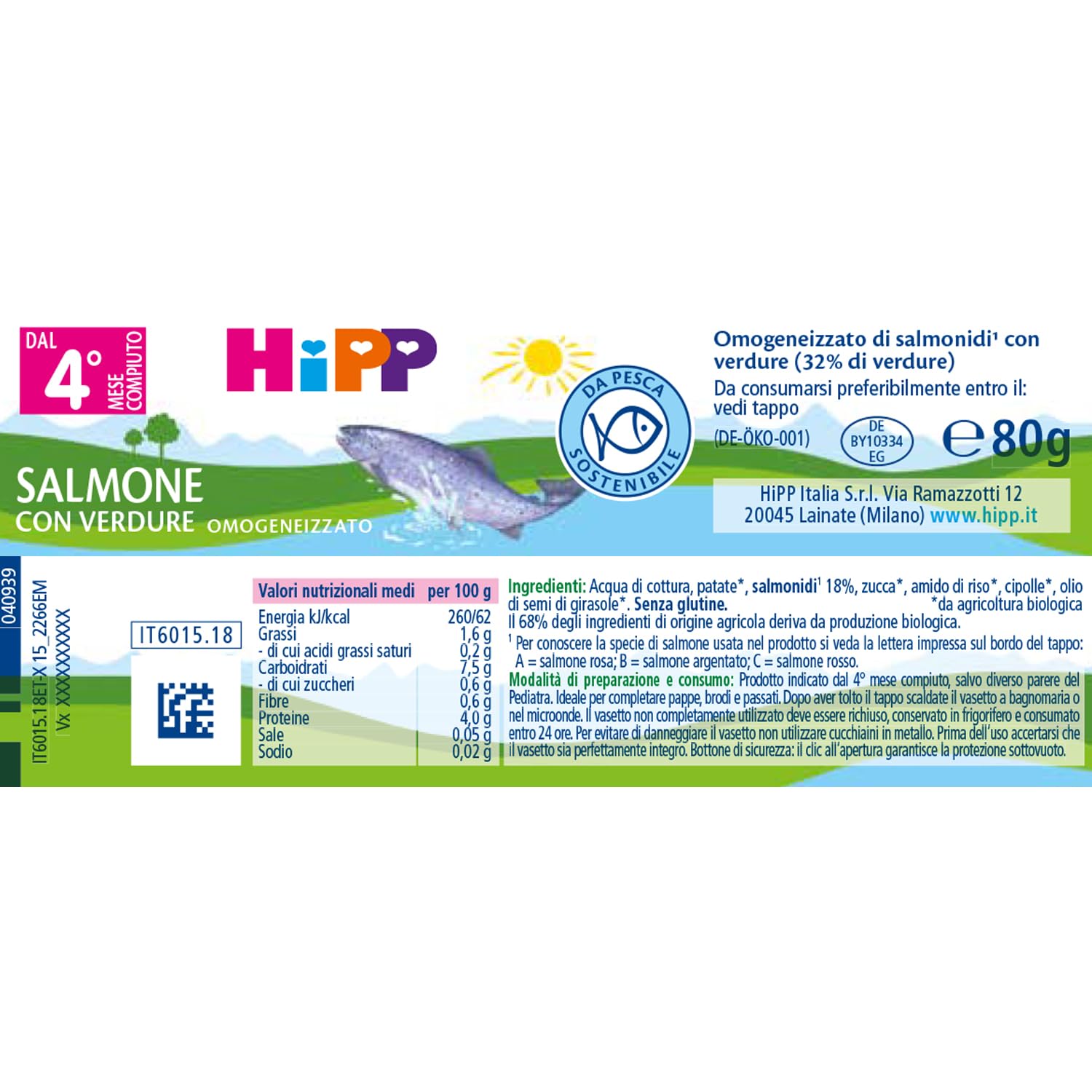 HiPP - Omogeneizzato di Pesce per Neonati, Gusto Salmone con Verdure, Senza glutine e Senza Aggiunta di Sale e Aromi, 24 Vasetti da 80 g
