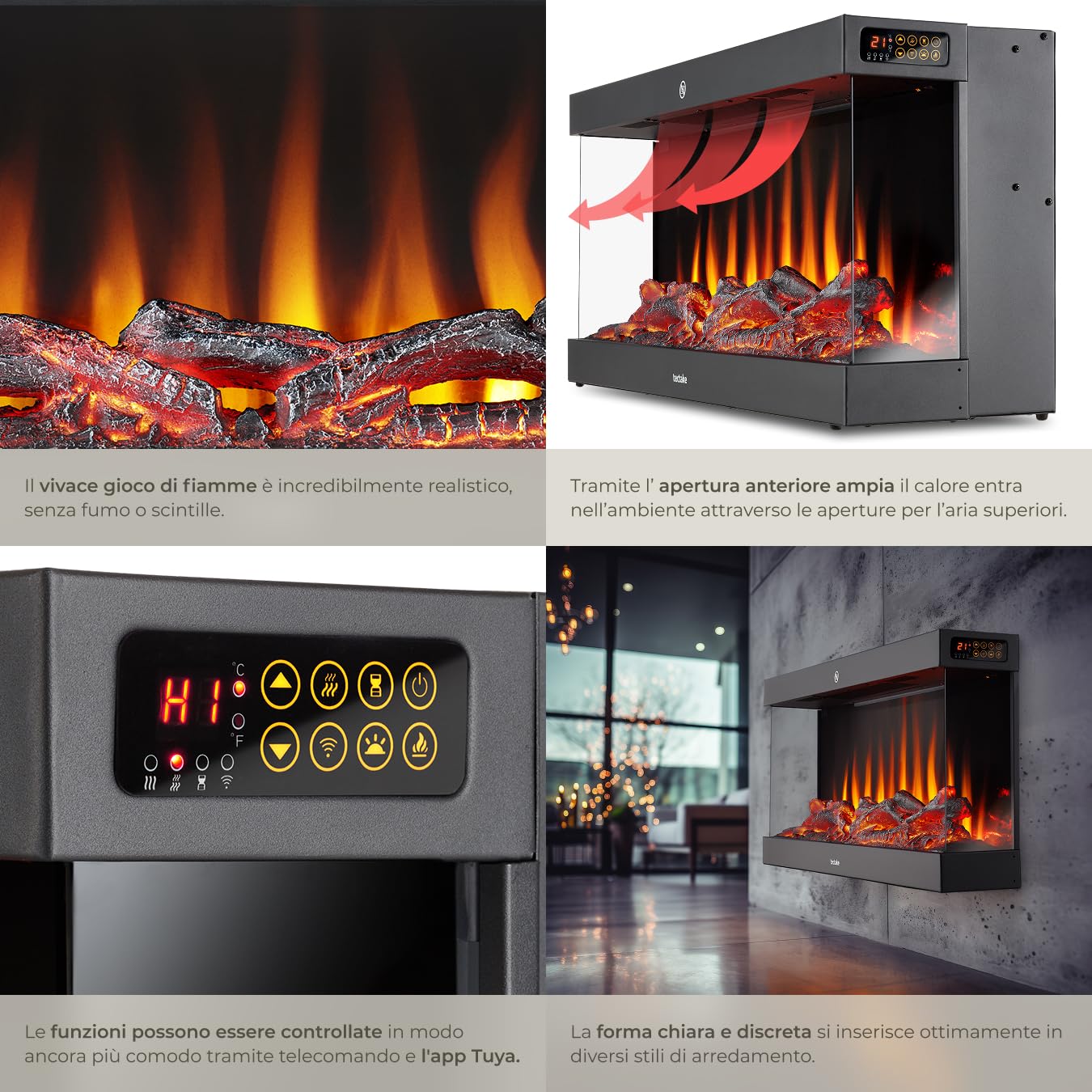 tectake® Caminetto elettrico da parete, 91,4 x 38x 24,5 cm, Camino Elettrico Smart, 2 livelli di calore 900/1800 W, Stufa effetto fiamma 3D, 9 colori, 5 Livelli luce, termostato, telecomando, app Tuya