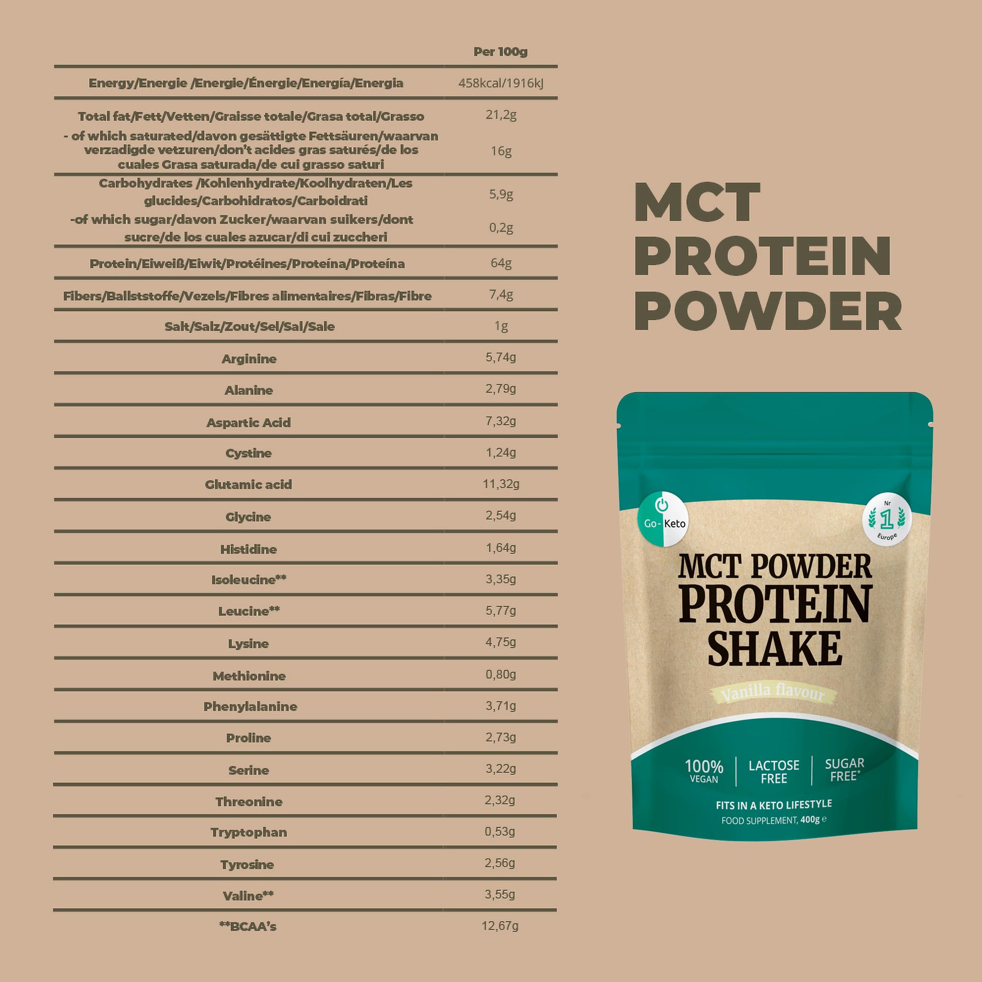 Go-Keto MCT Vegan Protein Shake Vanilla, 400g polvere | con MCT dall'olio di cocco per la tua dieta keto | proteine ​​vegane da proteine ​​di piselli e proteine ​​di riso
