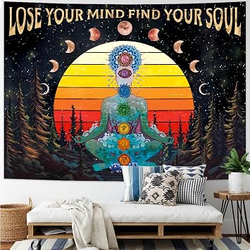 Amhokhui Seven Chakra Tapestry Yoga Meditation Tapestry Floral Plant Tapestries Moon Phase Tapestries Boho Aesthetic Wall Hanging Decor for Home