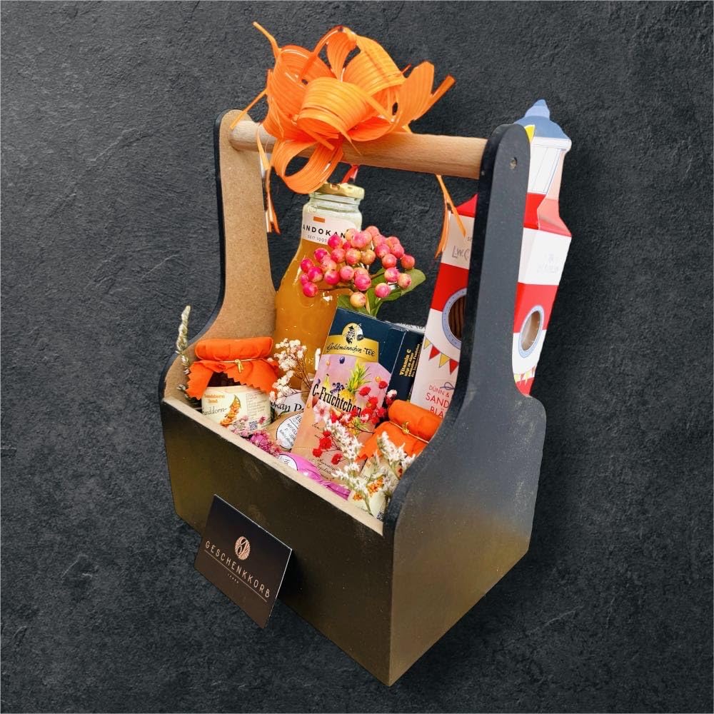 Sanddornkiste | Geschenkkorb mit hochwertigen Delikatessen für Genesungswünsche | Präsentkorb zur Aufmunterung | Ideal als Geschenk für Gesundheit und Wohlbefinden.