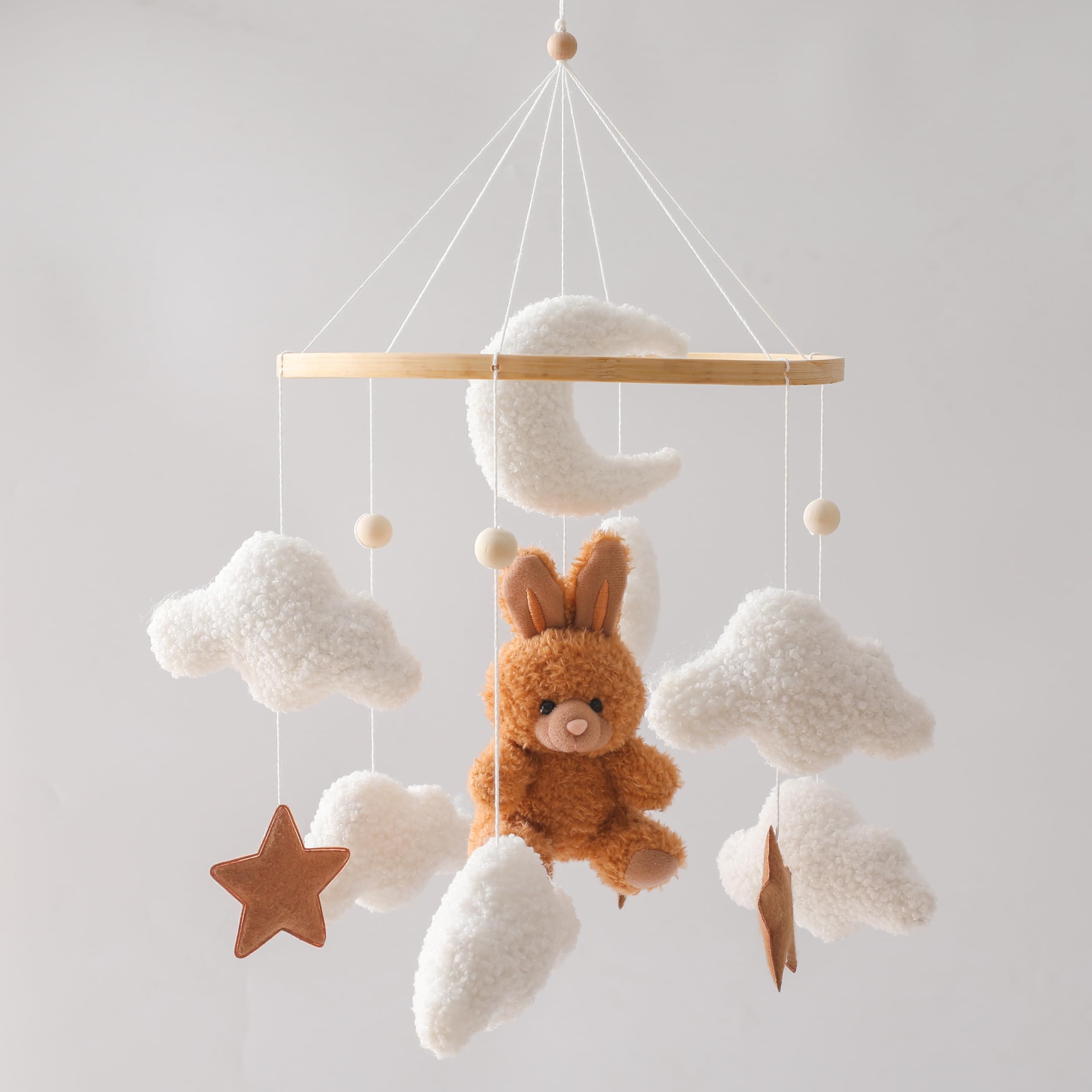 Promise Babe Baby Mobile Babybett Halterung Holz Babybett Mobile Halterung WickeltischBaby Spieluhr Weiße Wolken Mond Weiße Wolken Mond Braunen Kaninchen Anhänger Mobile Babyzimmer