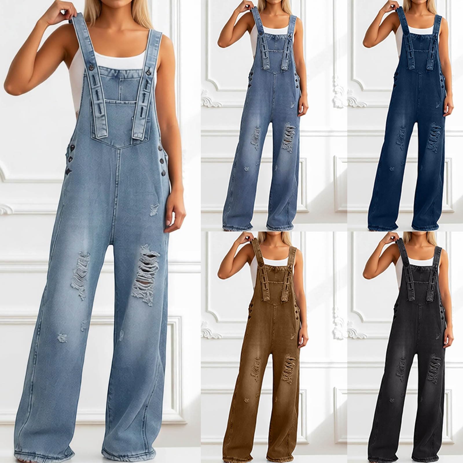 Pantalones vaqueros con peto para mujer, estilo vaquero, estilo retro, con botones, tirantes ajustables, holgados, de pierna ancha, con bolsillos, sueltos, de una pieza