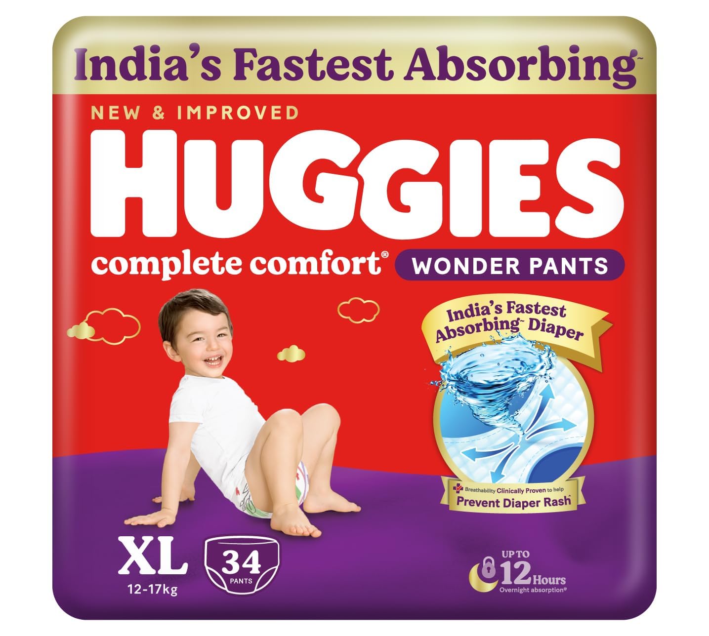 Huggies Complete Comfort Wonder Pants | Pant Style Baby Diapers Extra Large Size (XL), 34 Count | India's Fastest Absorbing Diaper, Prevents Diaper Rash, Ideal for 12 to 17 Kgs