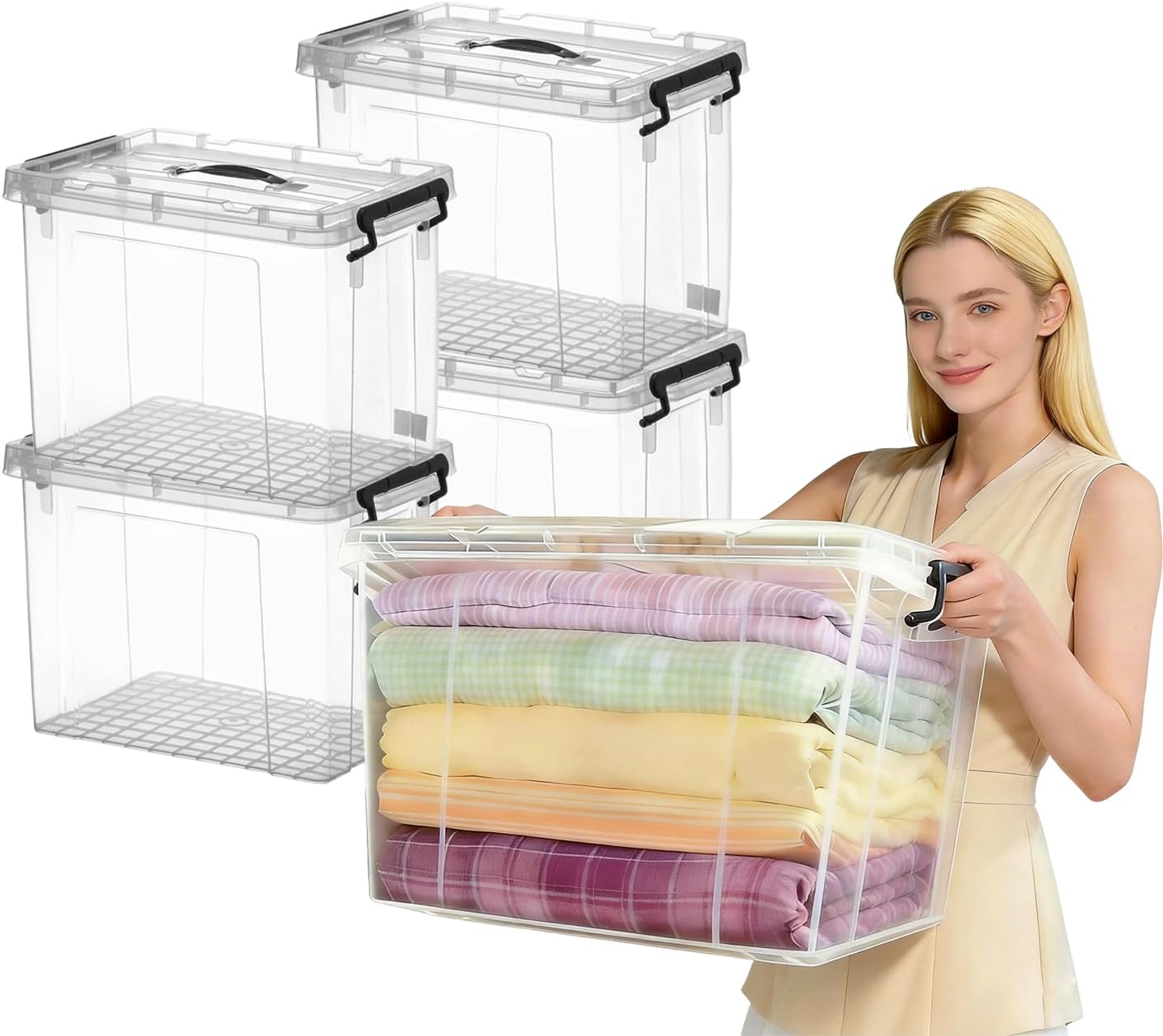 240 QT Clear Storage Bins with Lids, 4 Pack 60 QT-Stackable Plastic Organizer for Home, Office, Garage, BPA-Free, Heavy-Duty, See-Through Containers with Secure Latches & Handles