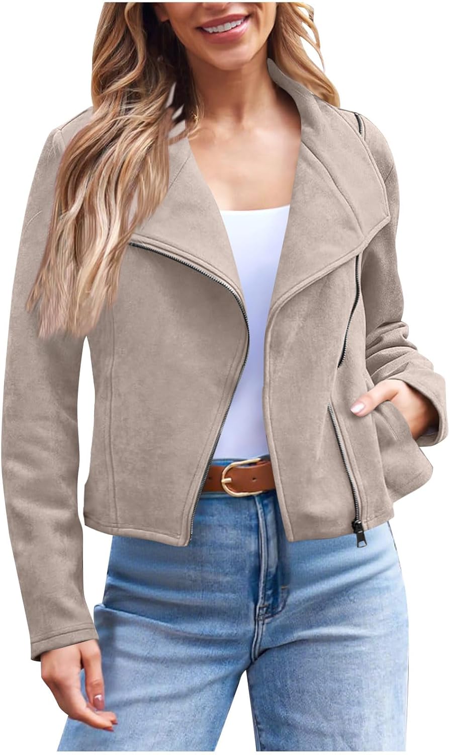 Womens Cropped Suede Jacket Slim Fitted Full Zip Open Front Casual Coats Long Sleeve Lapel Cowgirl Motobike Jackets