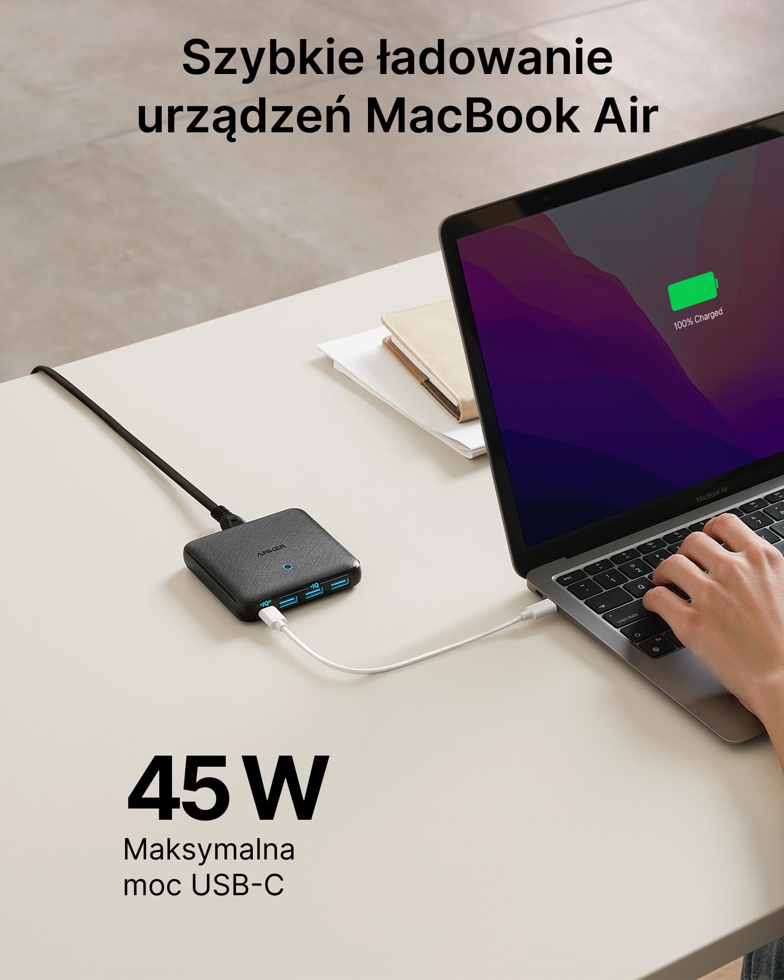 Ładowarka Anker, stacja ładująca 65 W z 4 portami, szybka ładowarka USB PIQ 3.0 i GaN, smukła ładowarka ścienna PowerPort Atom III – port USB C 45 W