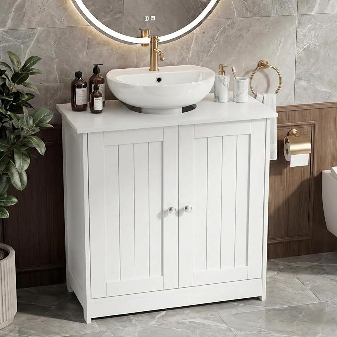 Gabinete de almacenamiento para lavabo de pedestal con 2 puertas y estante ajustable en forma de U, color blanco miniatura 6