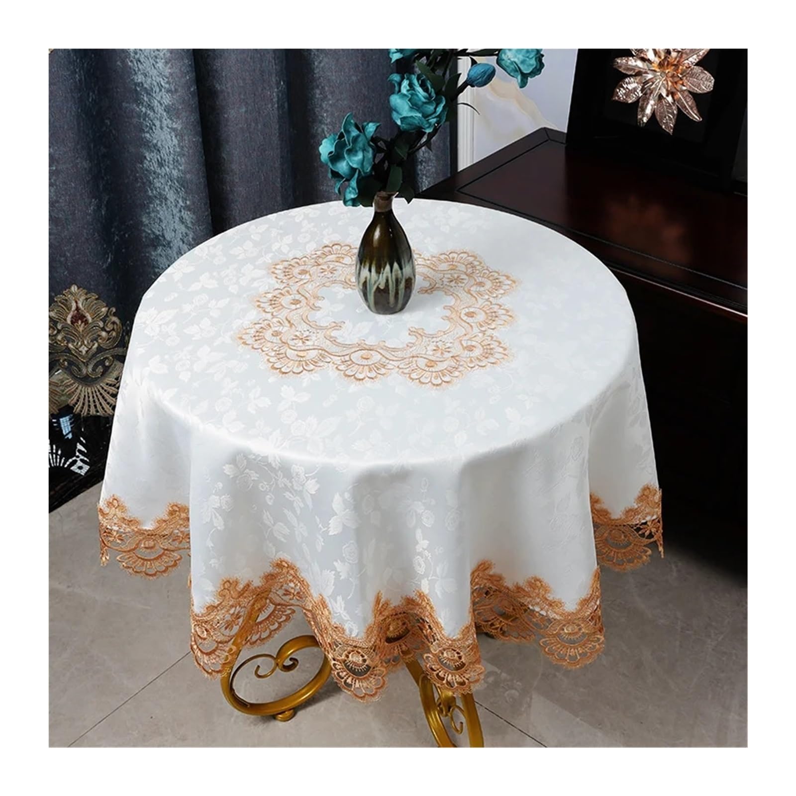 SHENJMAI Vintage Lace Table Round Table Cloth Tablecloths White Household Lace Tablecloth Dining Cover Embroidered Flower Home(Color11,Diameter 175cm)