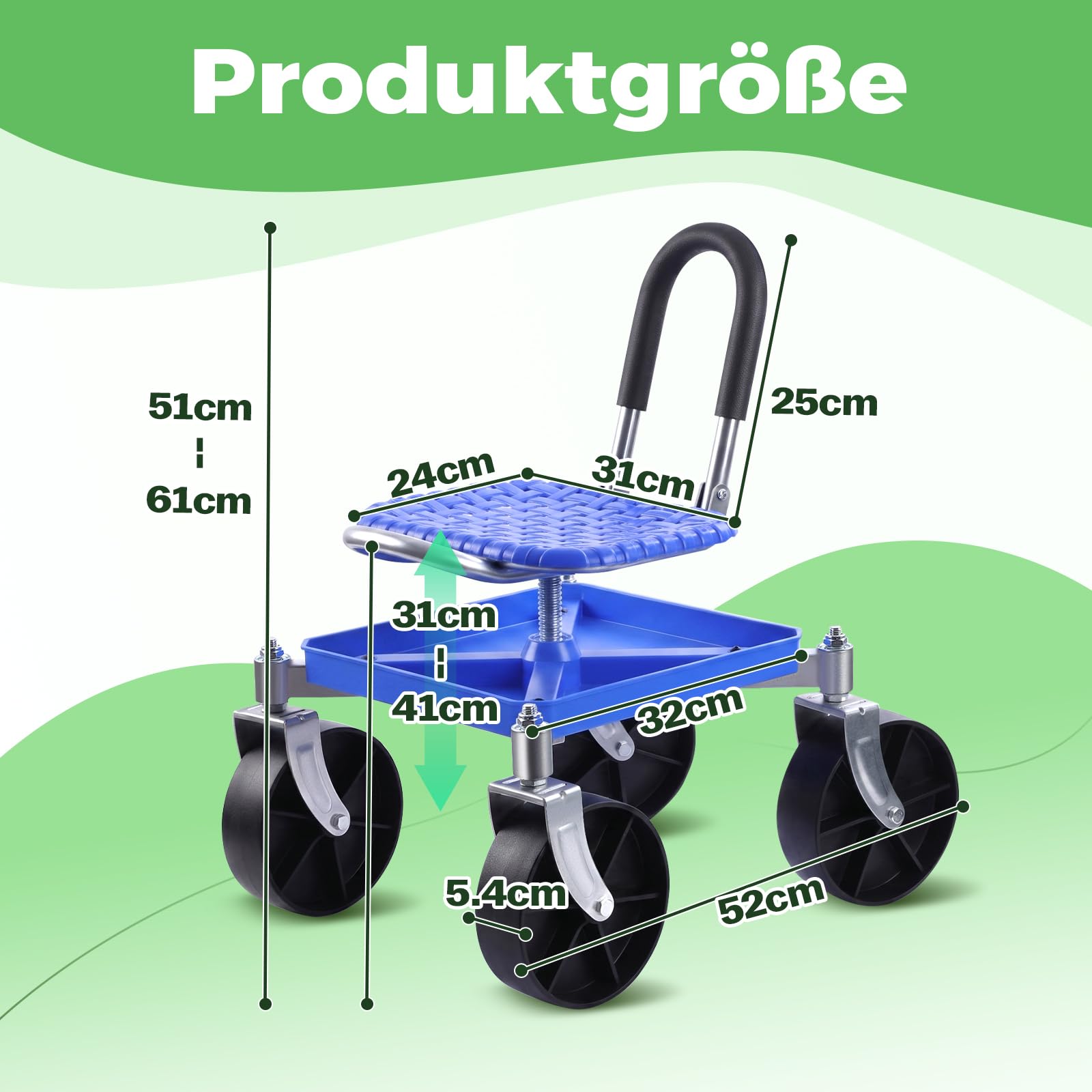Gartensitz mit Rollen, Garten Rollsitz Gartenhocker, 360° Drehbarer | Rollbarer Gartenwagen mit Griff und Ablagefach, Höhenverstellbar, Tragkraft 150 kg, für Gartenarbeit & Autopflege