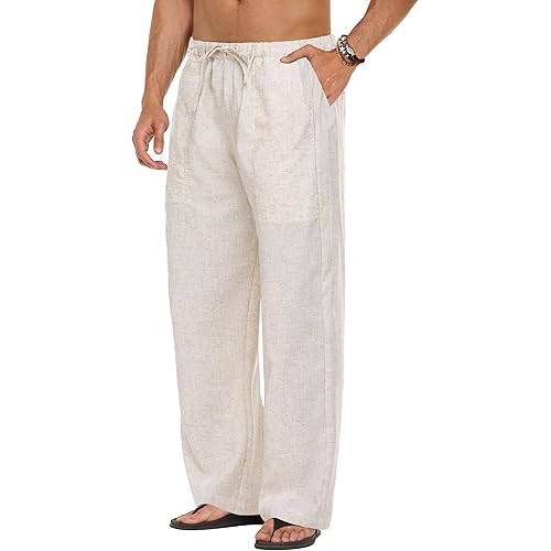 COOFANDY Men's Linen Pant Elastic Waist Linen Pants Drawstring Summer Beach Pant