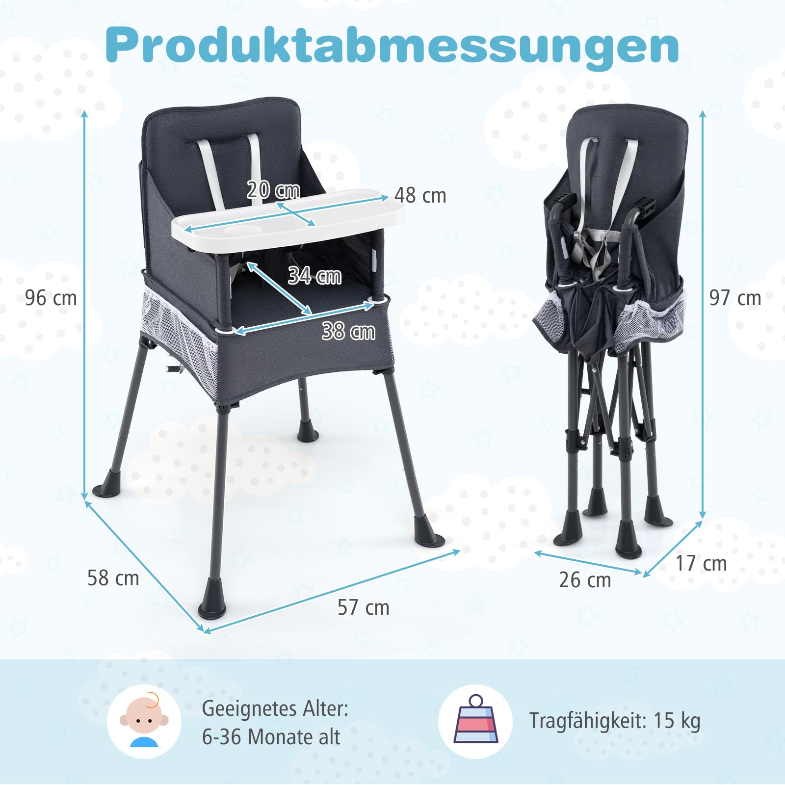 COSTWAY Hochstuhl Baby klappbar, Kinderhochstuhl mit verstellbarem Tablett, Aufbewahrungstasche & Sicherheitsgurt, Babystuhl mit Tragetasche, Babyhochstuhl für Babys von 6-36 Monaten