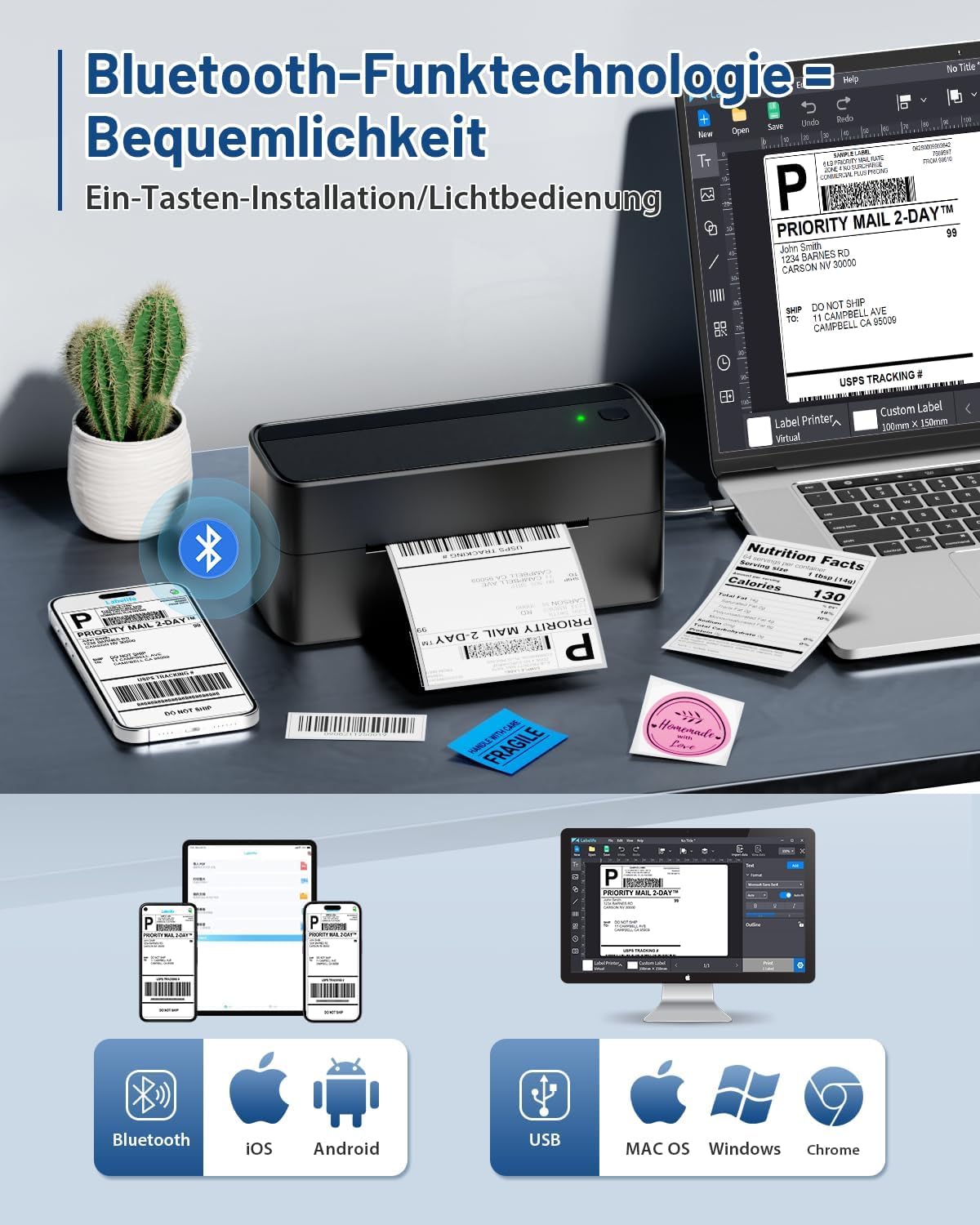 Phomemo Bluetooth Label Printer, 4 x 6 cm, Thermal Printer, DHL, Shipping Labels, Shipping Package Printer, Compatible with Ebay, , Etsy, Ups, Wish, Shopify, Zalando and Otto